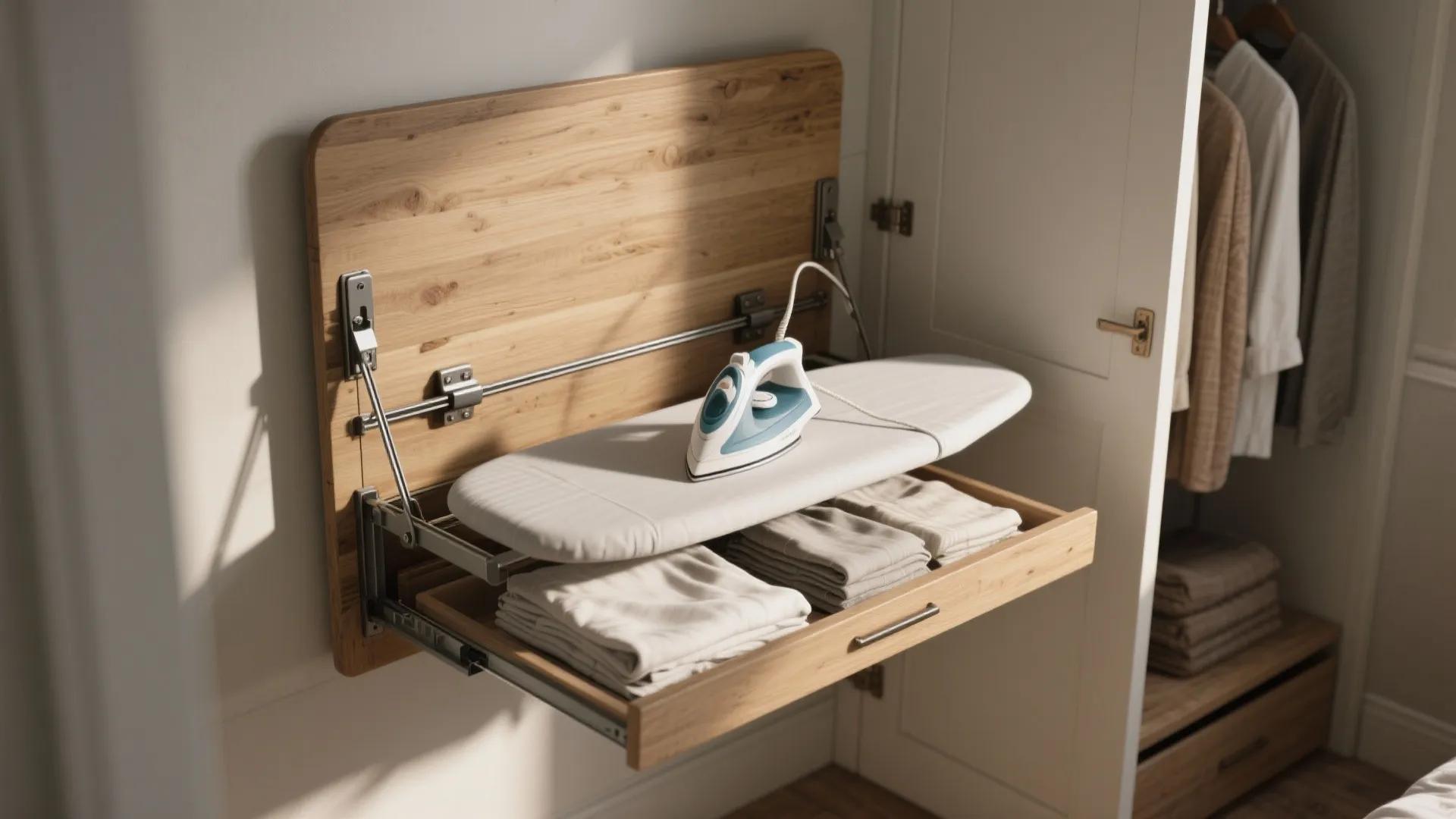 Wall mounted wooden folding laundry station with iron board and drawer for storage in closet