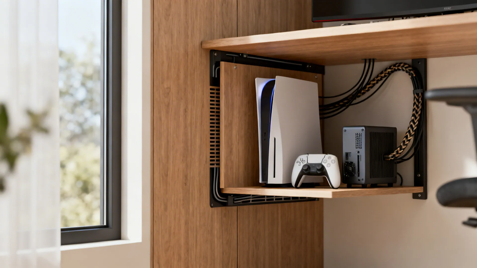 Wood desk shelf holding white game console and controller with organized cables near sunny window