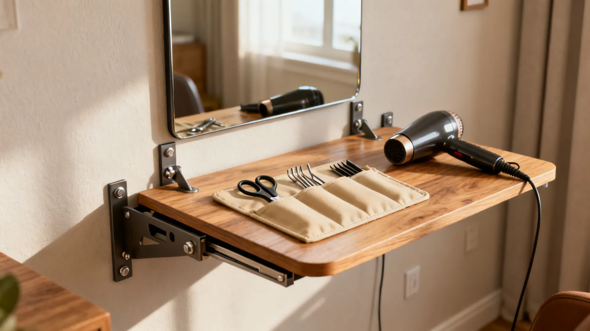 Wall-mounted fold-down styling station with mirror and storage pockets holding hair tools