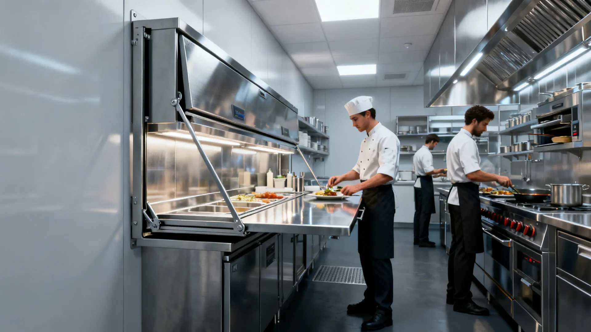 Stainless steel fold-down chef station in use, folded out to extend prep workspace.