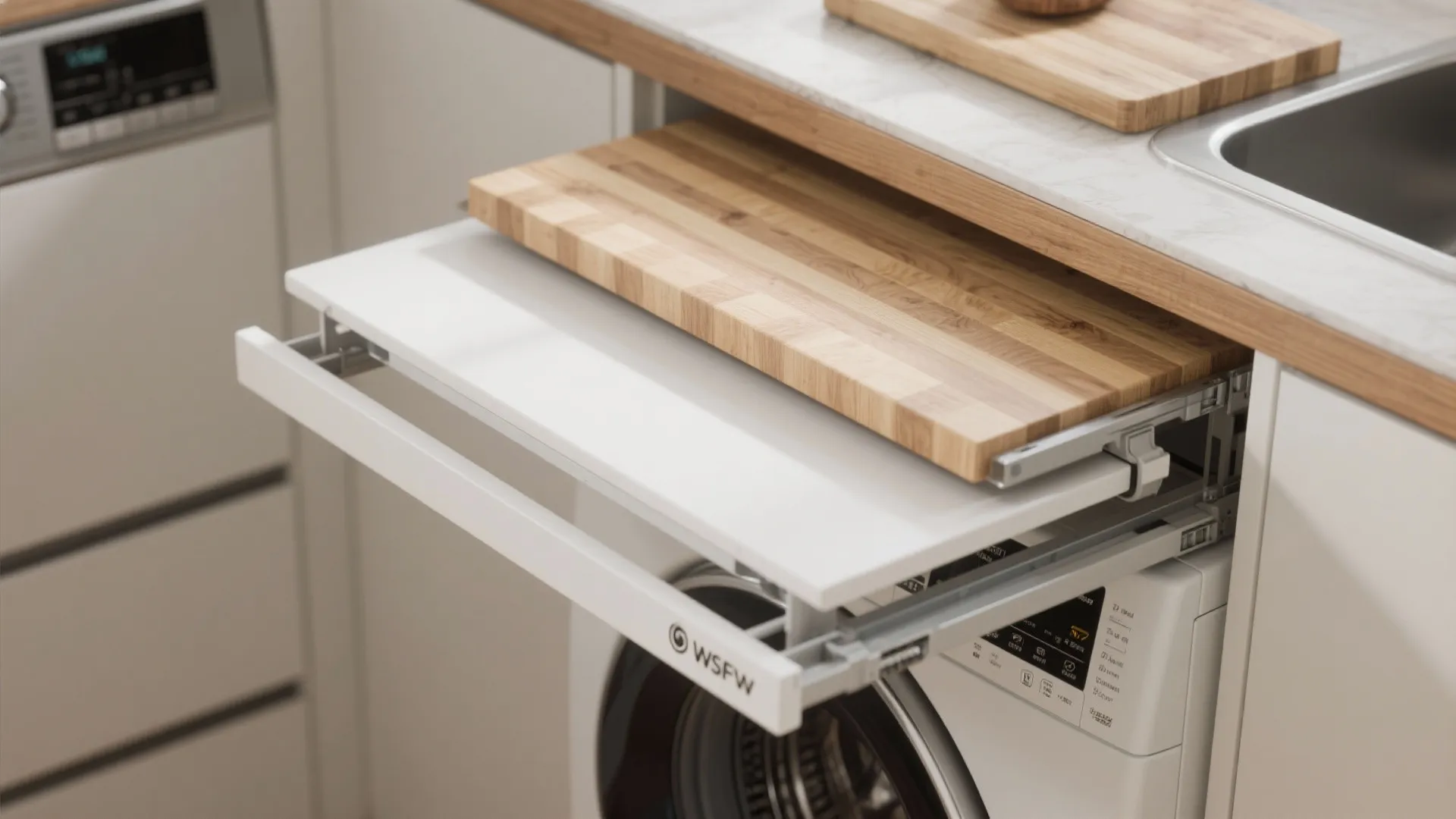 White pull out shelf above washing machine holding wooden board in a bright laundry room