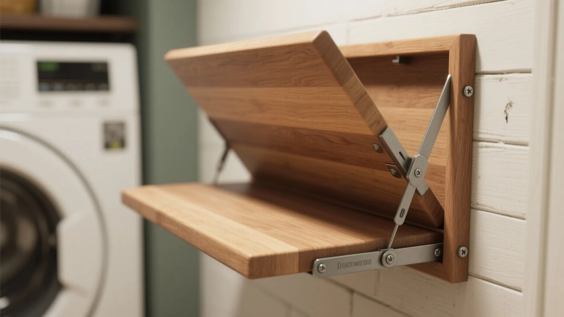 Wooden wall mounted folding table installed on a white wall next to a washing machine