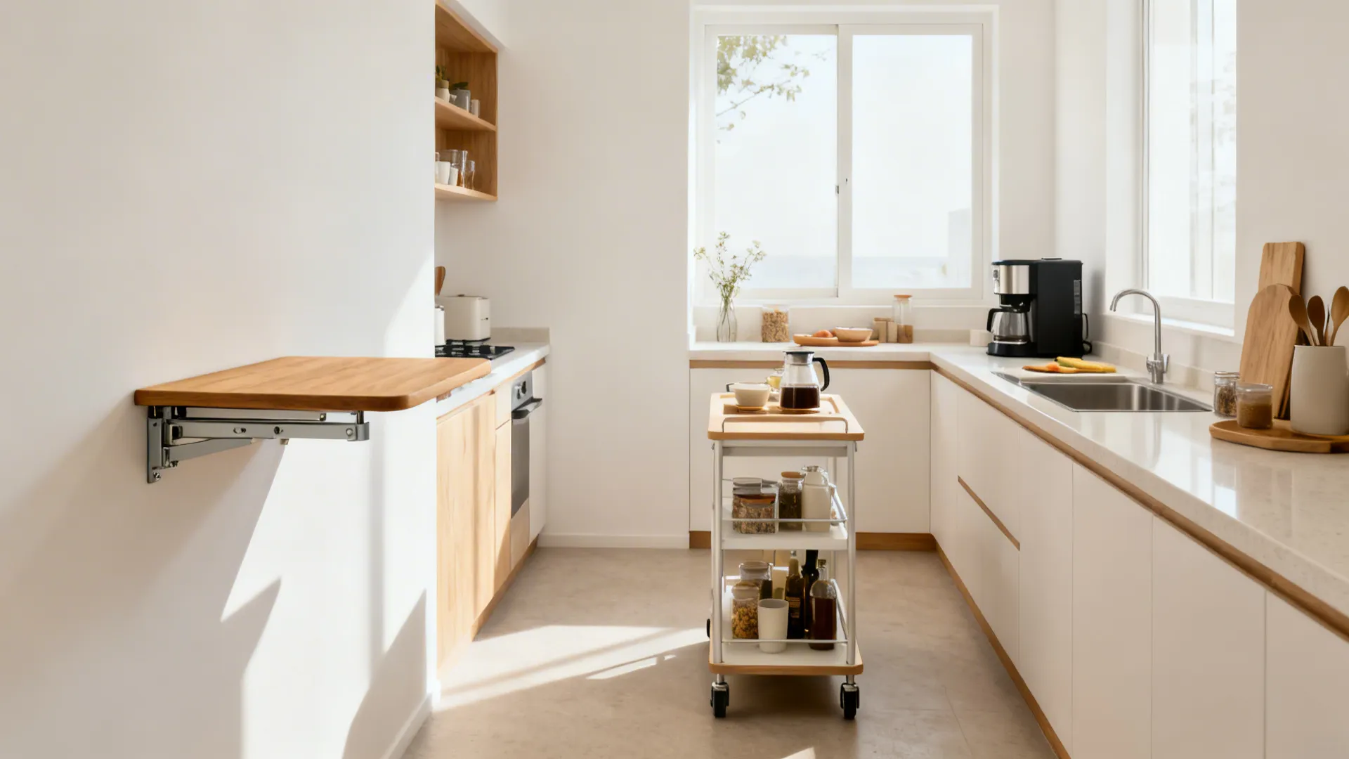 Micro-kitchen with a wall-mounted fold-down oak surface and a slim mobile cart island.