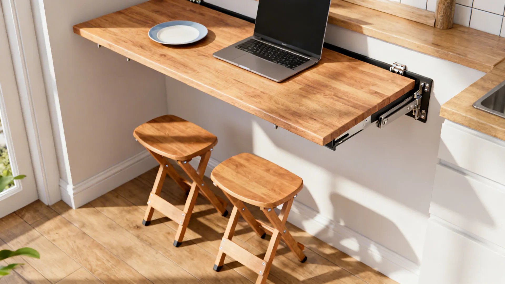 Fold-down wooden counter in a compact kitchen, shown extended with stools tucked