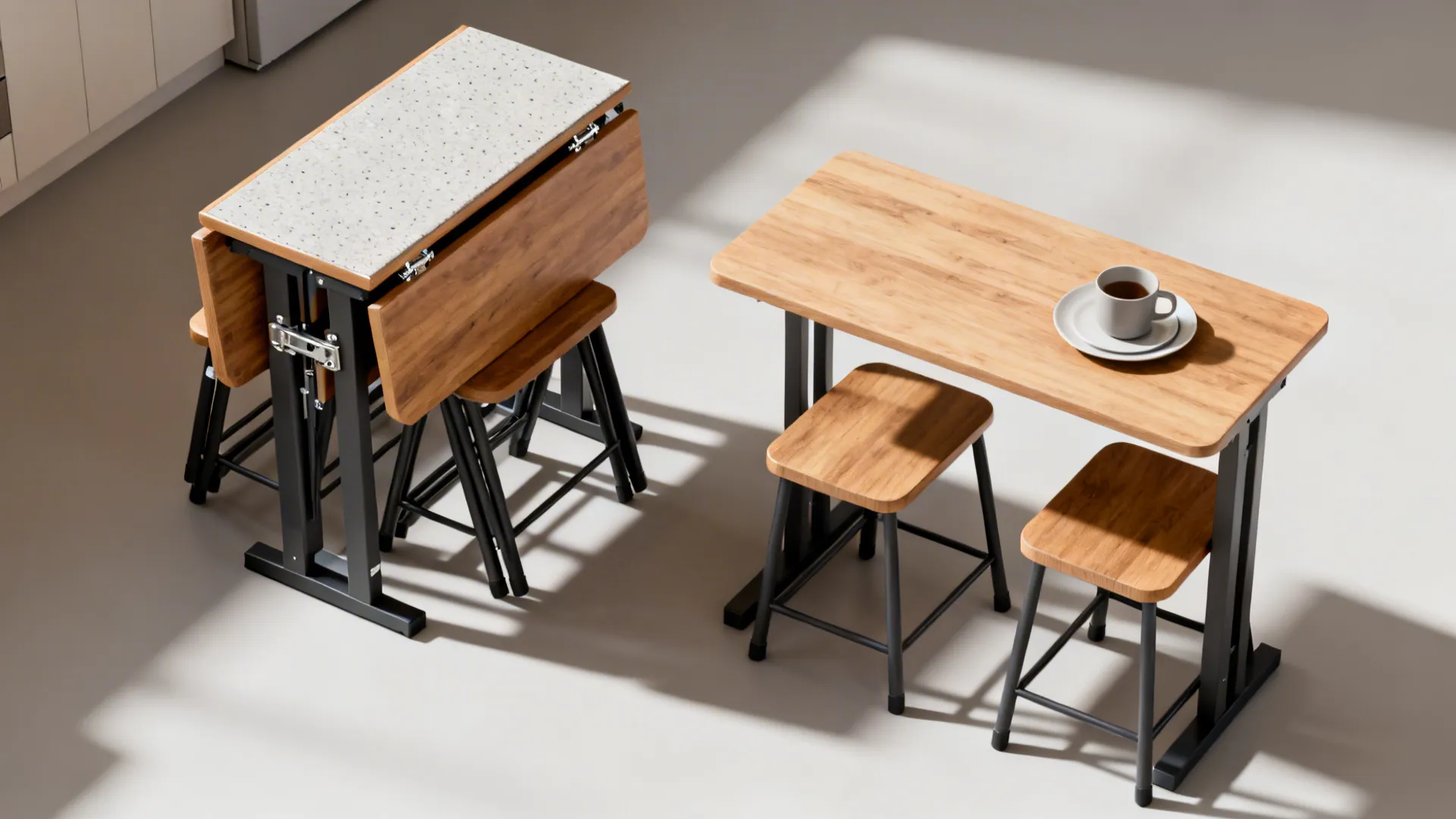 Drop-leaf prep surface shown stowed and extended to illustrate space-saving dining solution.