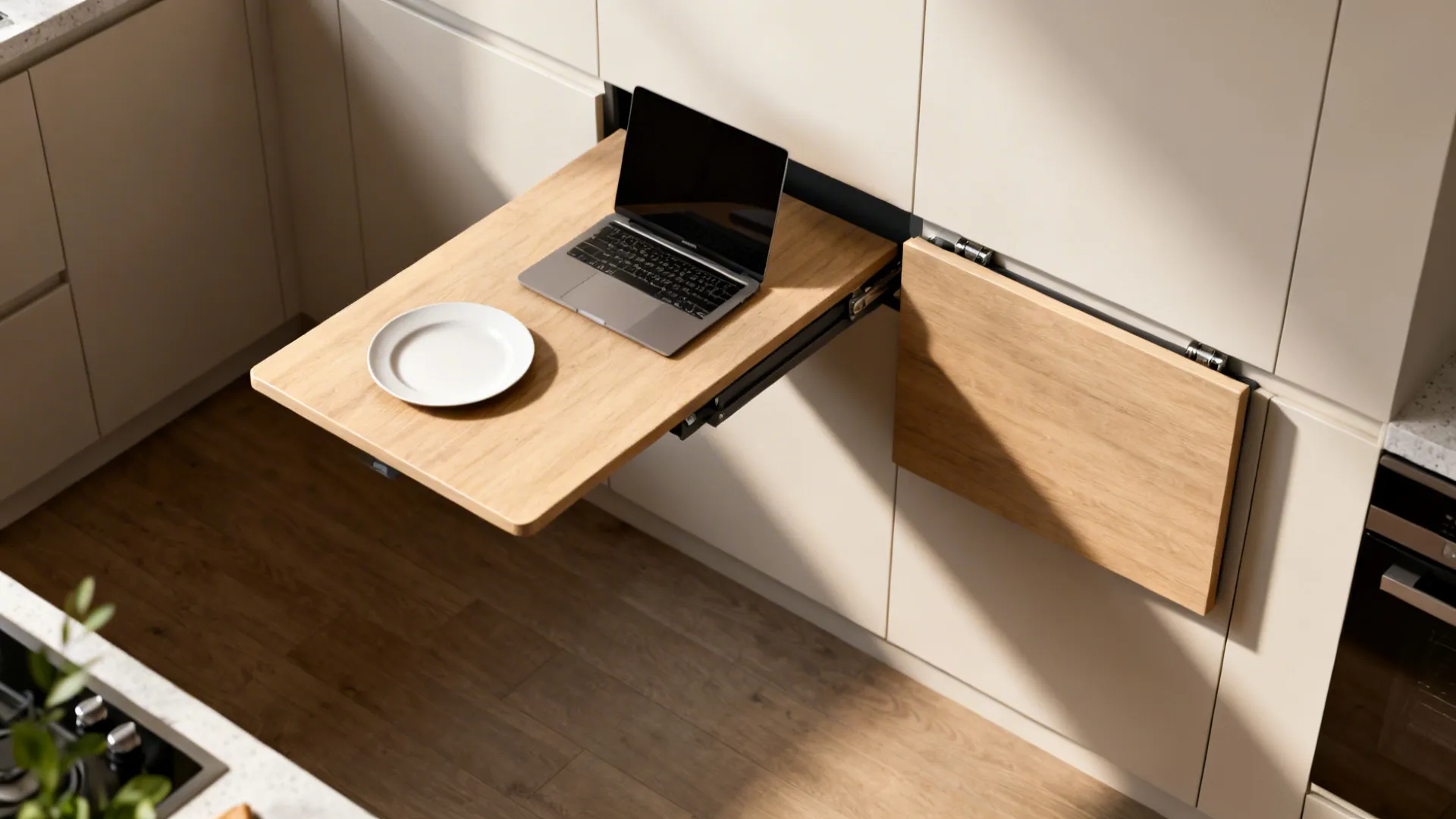 Fold-down prep and dining surface in a small kitchen, shown in use and stowed away to save space.