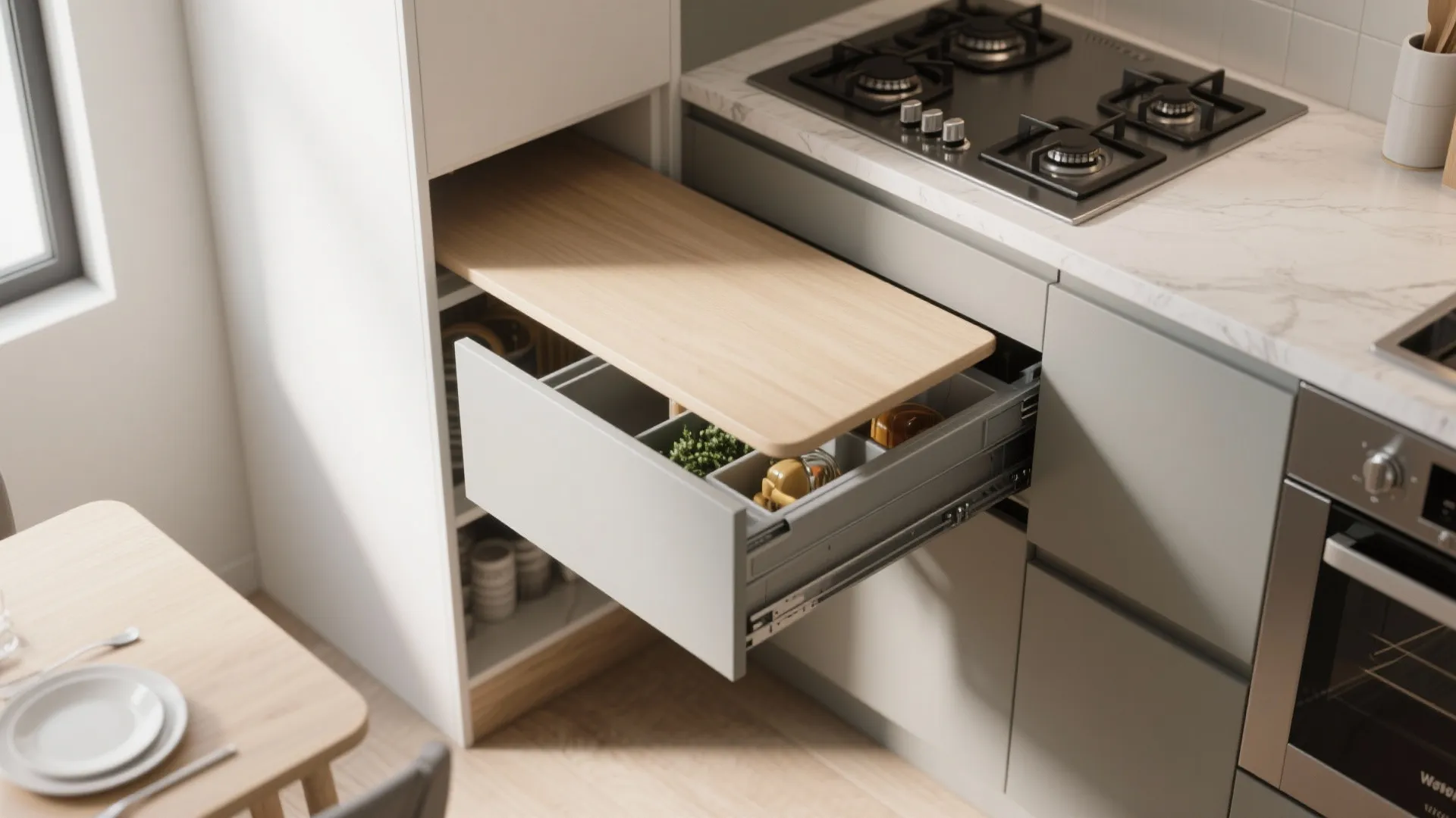 3. Use fold-down and pull-out surfaces