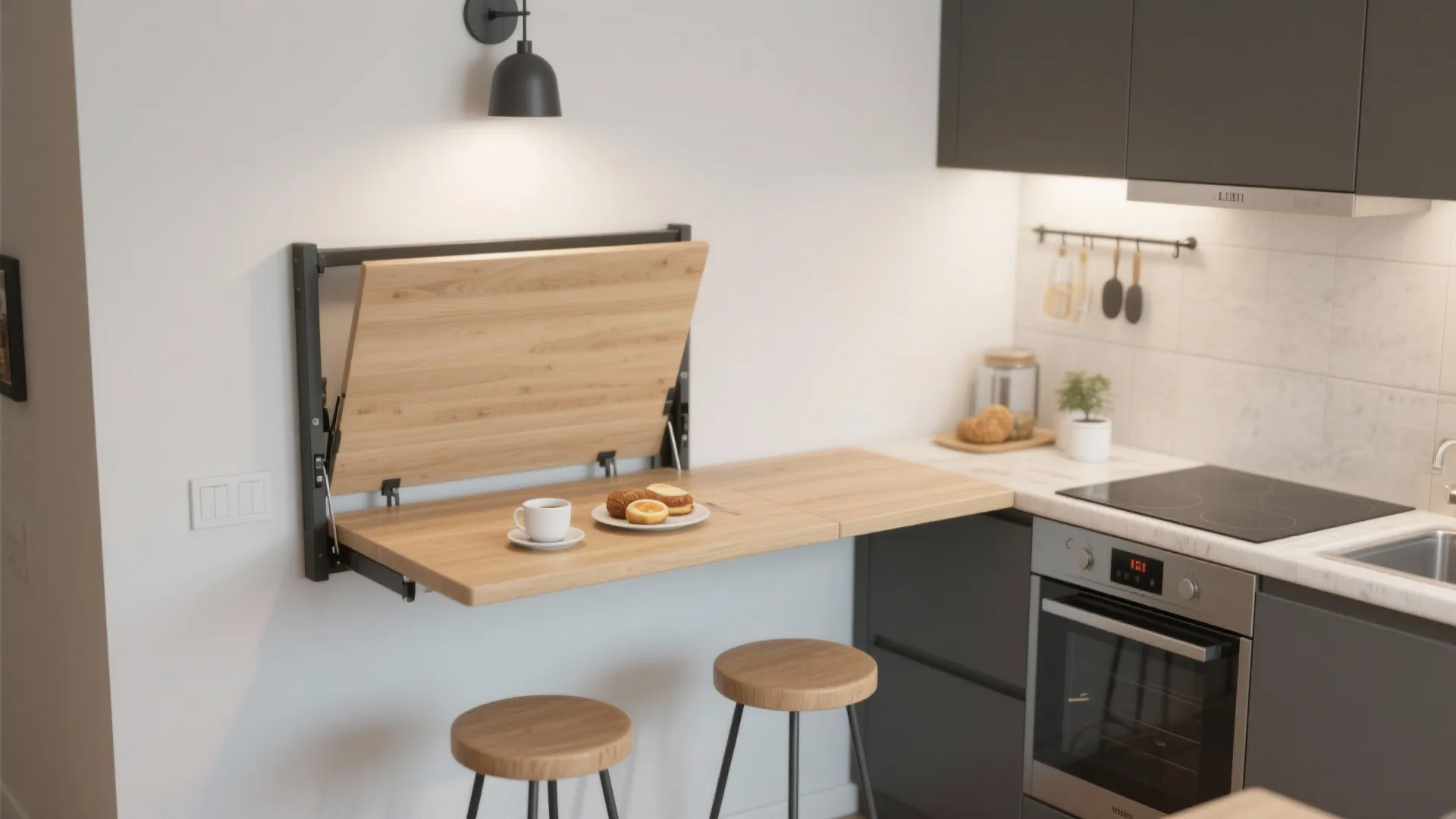 Wall-mounted fold-down table in small modern kitchen