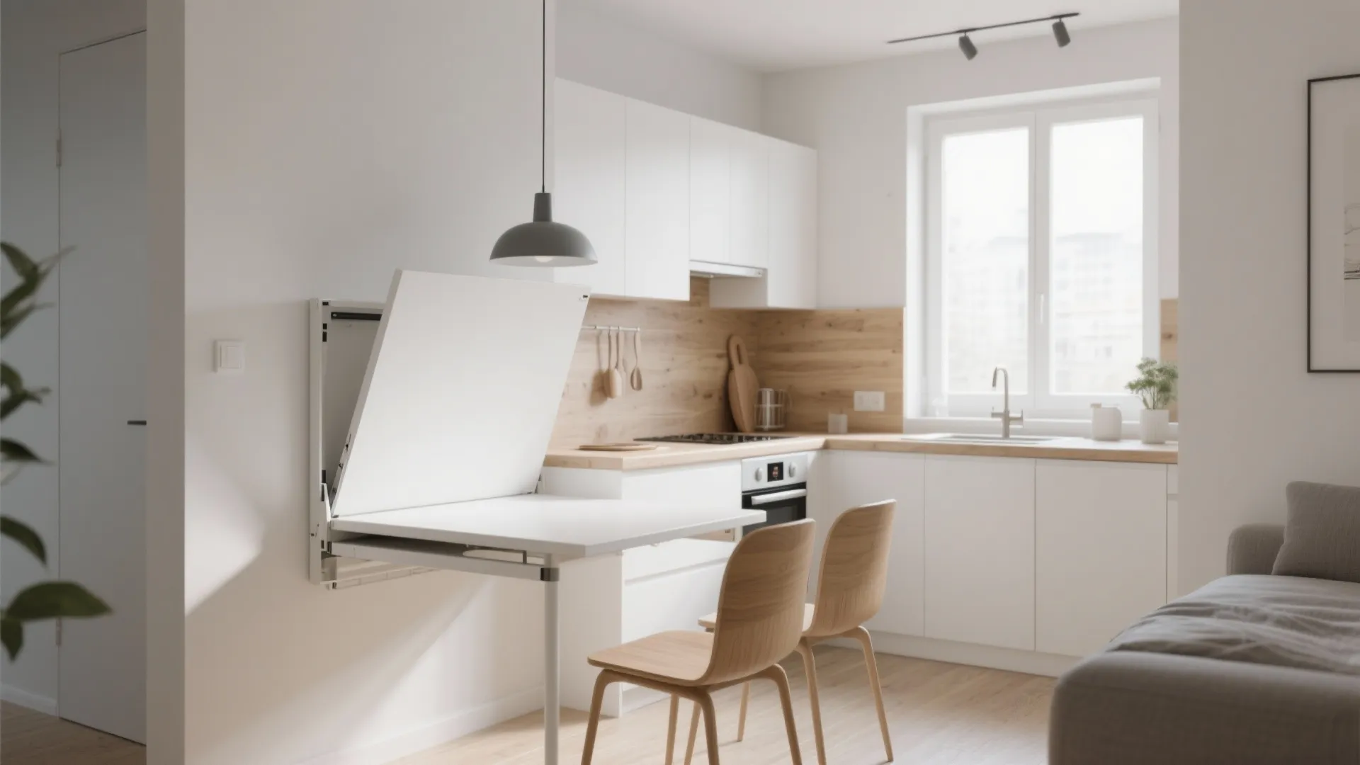 Wall-mounted fold-down dining table in a modern small kitchen