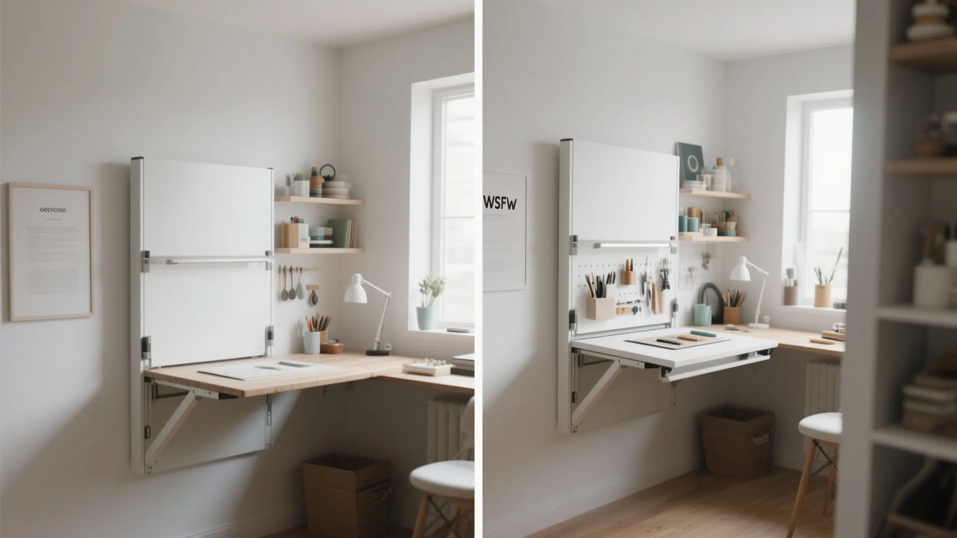 Before and after comparison of a white wall mounted folding desk in a bright room