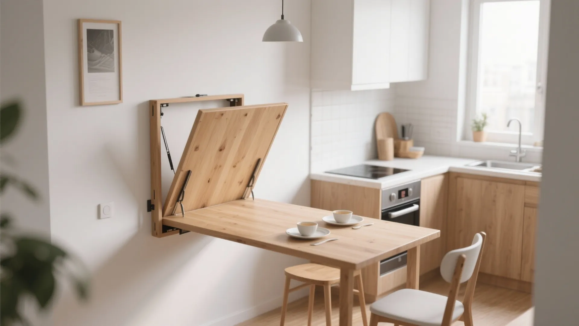 Wooden wall mounted folding dining table in a small modern kitchen with white walls and chairs