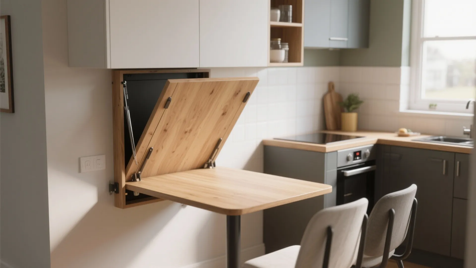 Wooden wall mounted fold down table in a small kitchen with white and grey storage cabinets