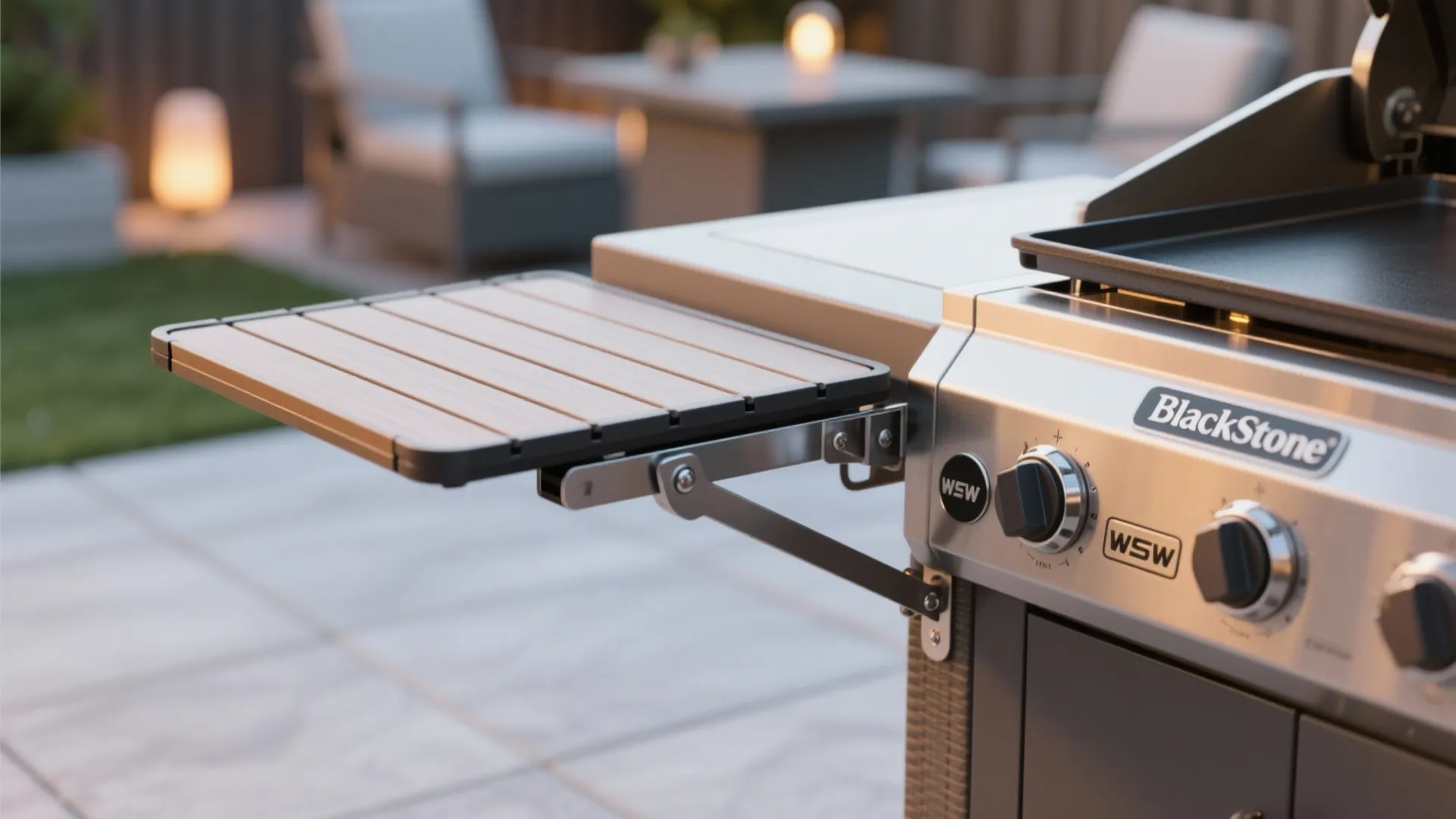 Close up view of a silver outdoor grill with a wooden side table extension shelf