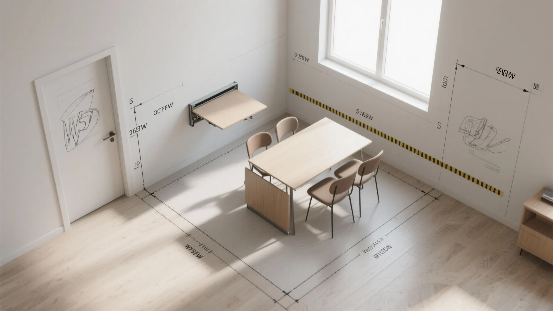 Top-down plan of a 5x5 room showing a wall-mounted fold-down table with clearance outlines and measurements.
