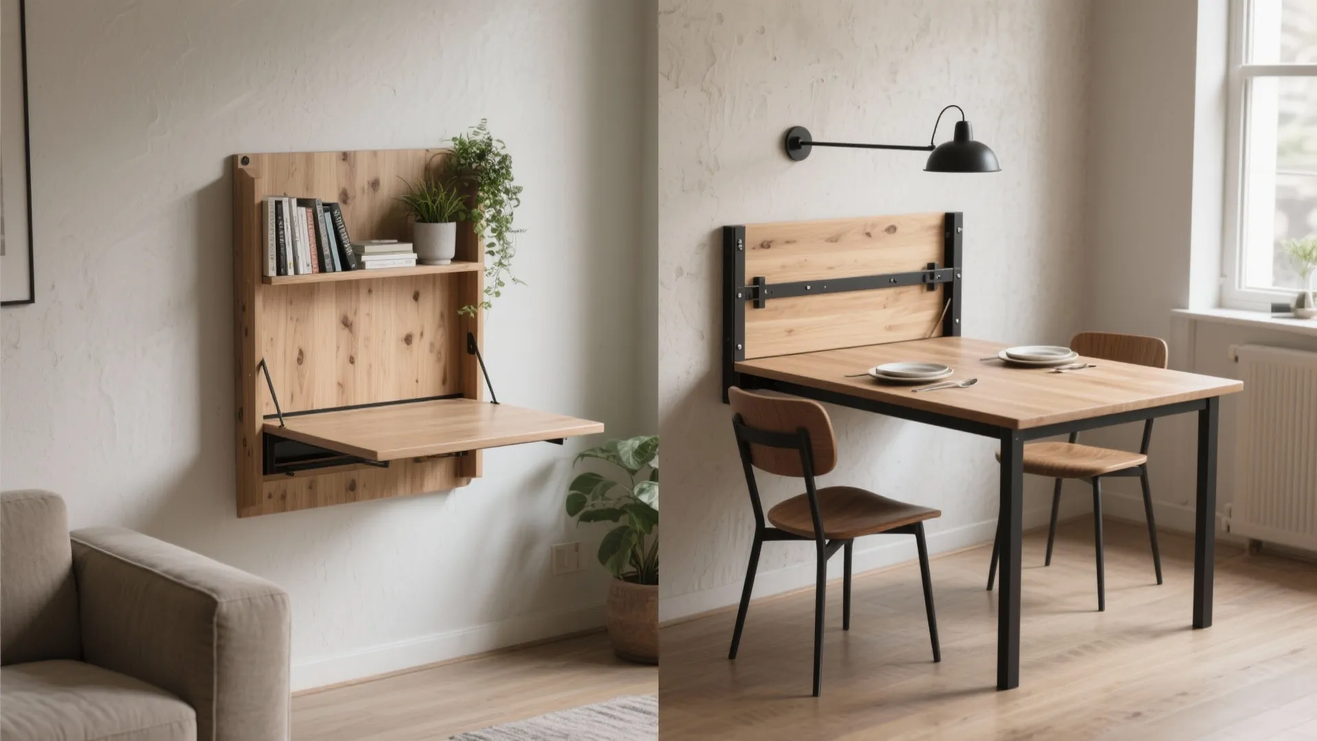 Before-and-after view of a wall-mounted desk folding down into a wooden dining table with chairs