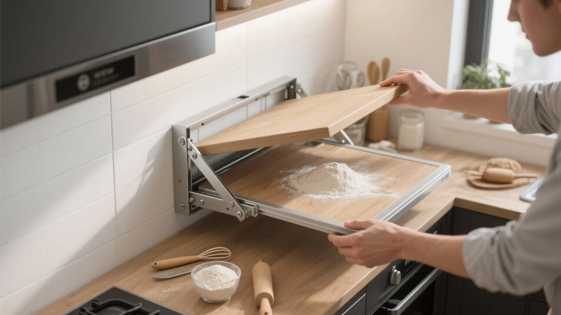 Person unfolding wooden wall mounted table with white flour on surface in a bright kitchen