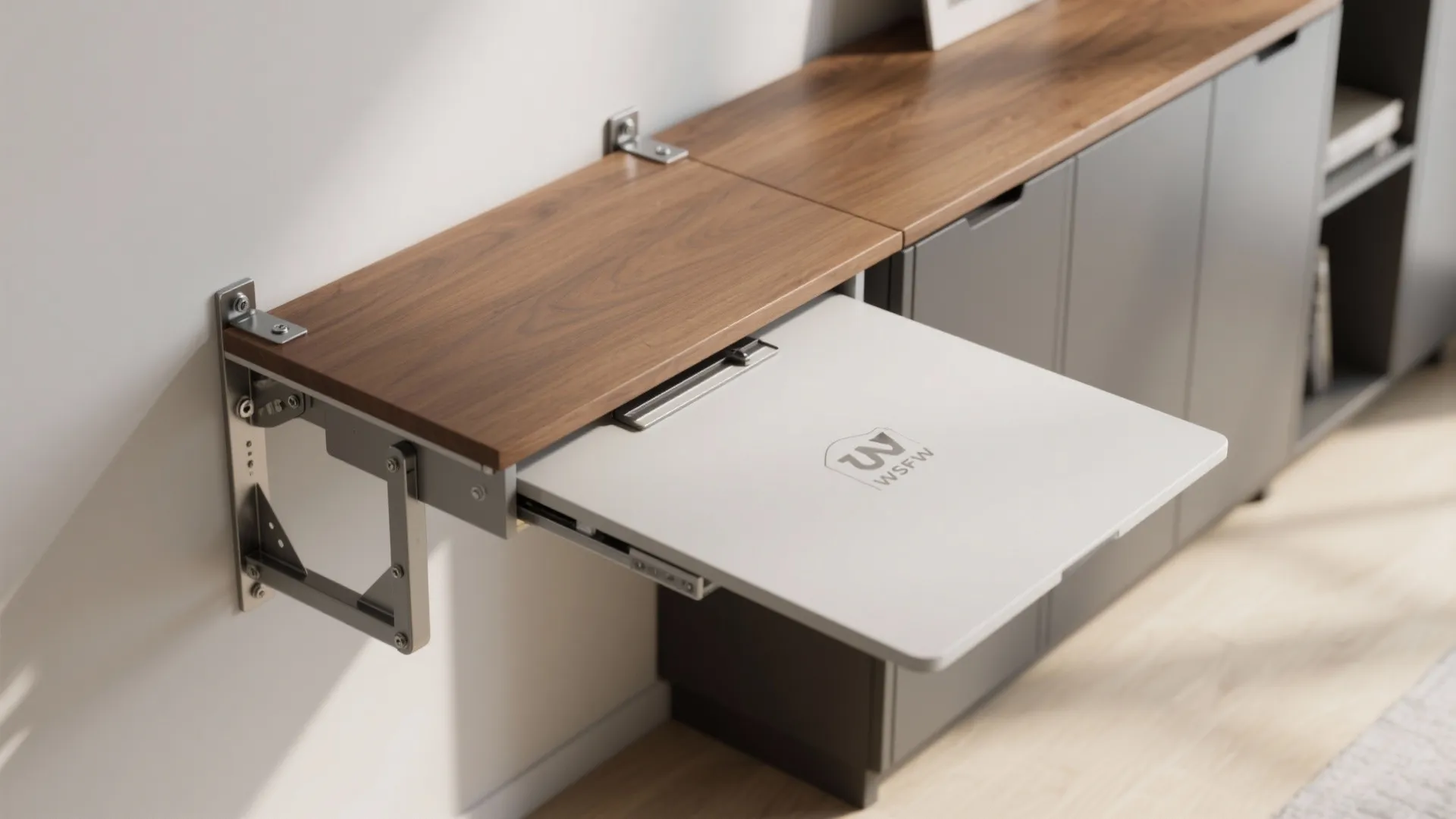 Wall mounted wooden folding table with a white pull out desk surface near grey storage cabinets