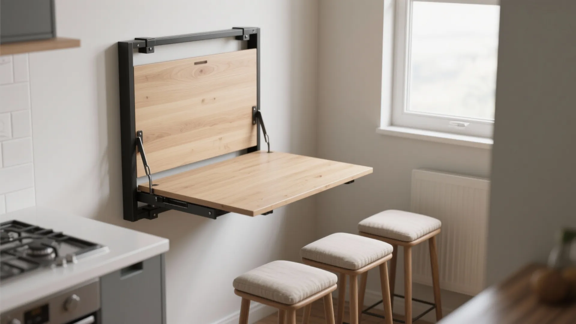 1. Fold-down wall table with stacked stools