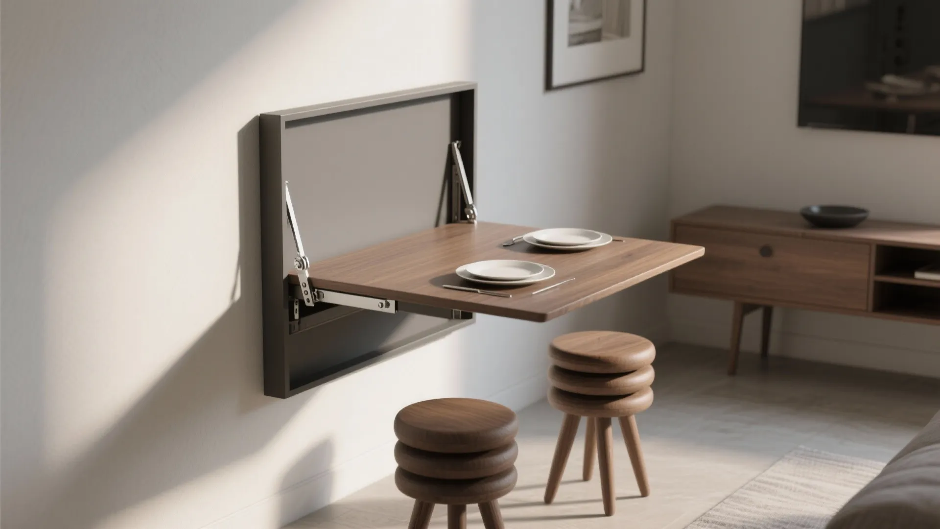 Wall-mounted fold-down table shown folded flat and lowered for dining with stackable stools.