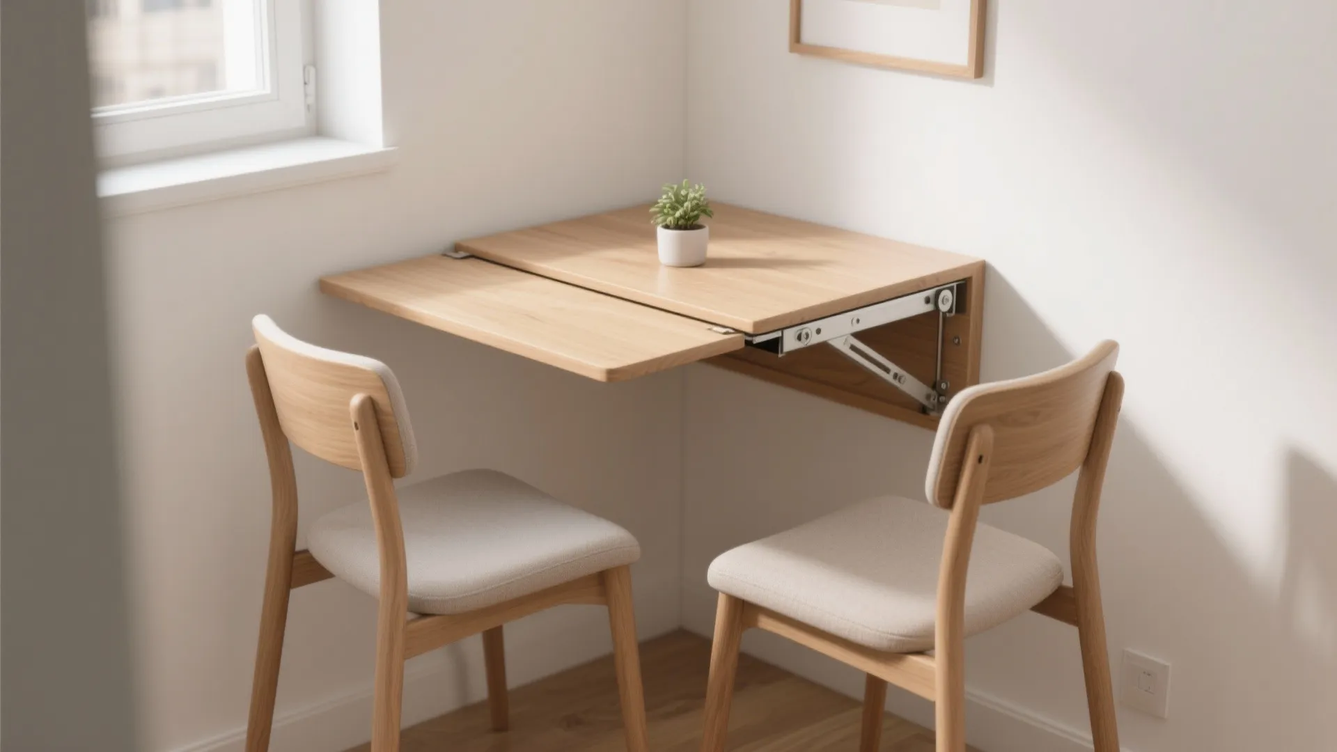 1. Fold-down wall table with slim chairs
