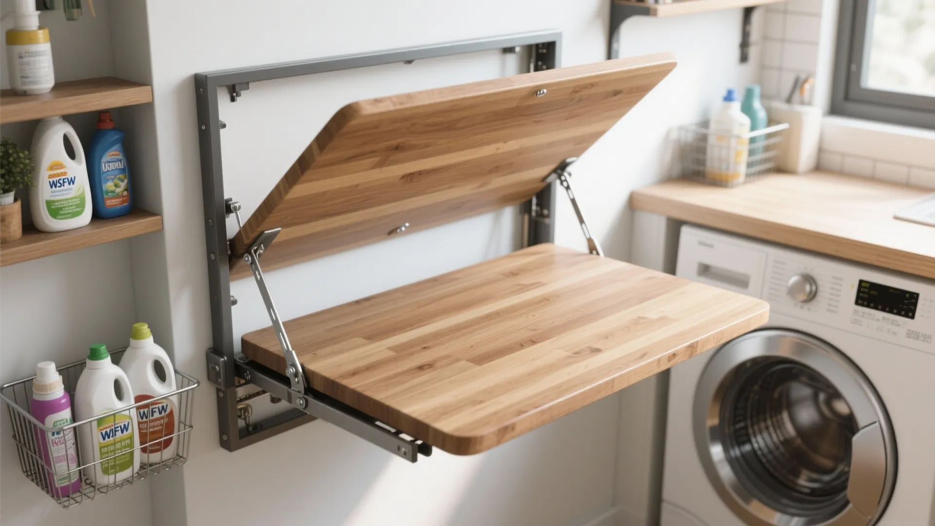 Wooden wall mounted folding table installed in a laundry room next to a white washing machine