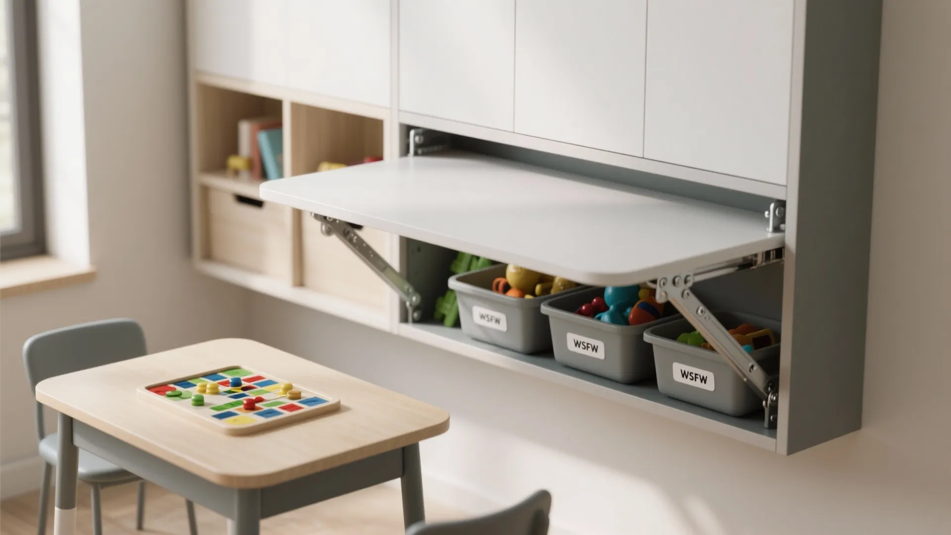 Modern white wall mounted folding desk in a kids playroom with small table and chairs