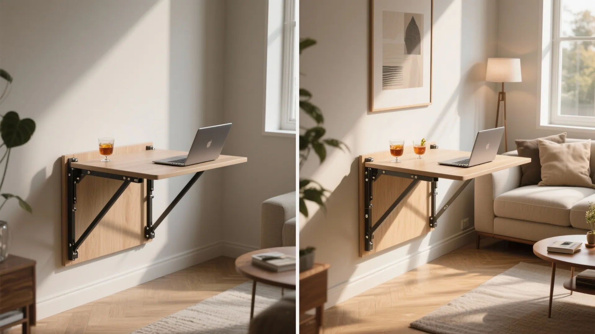 A wall mounted folding wooden table used as a desk with a laptop and drinks