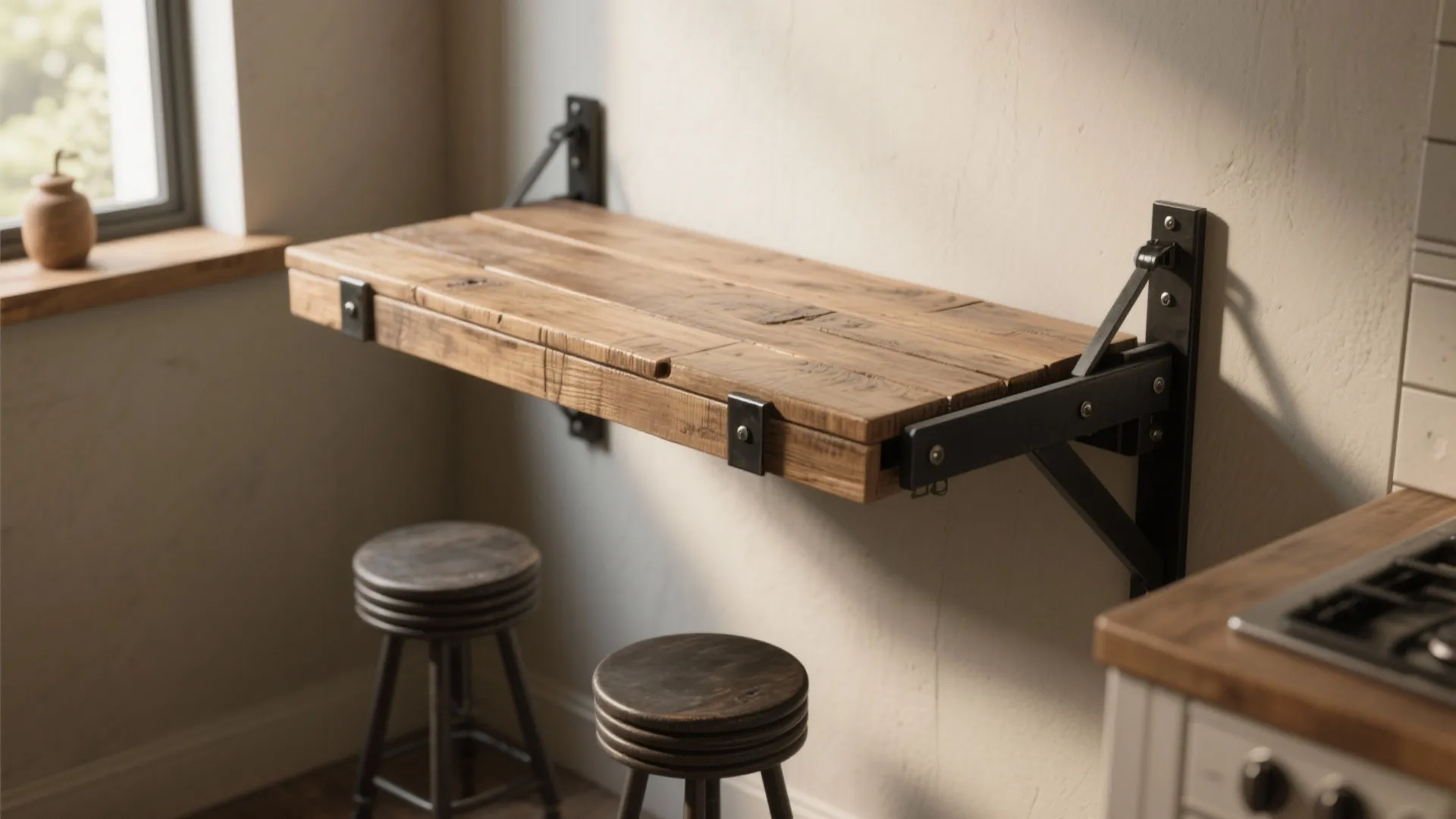 A wooden wall table with black metal brackets and two stools in a small kitchen