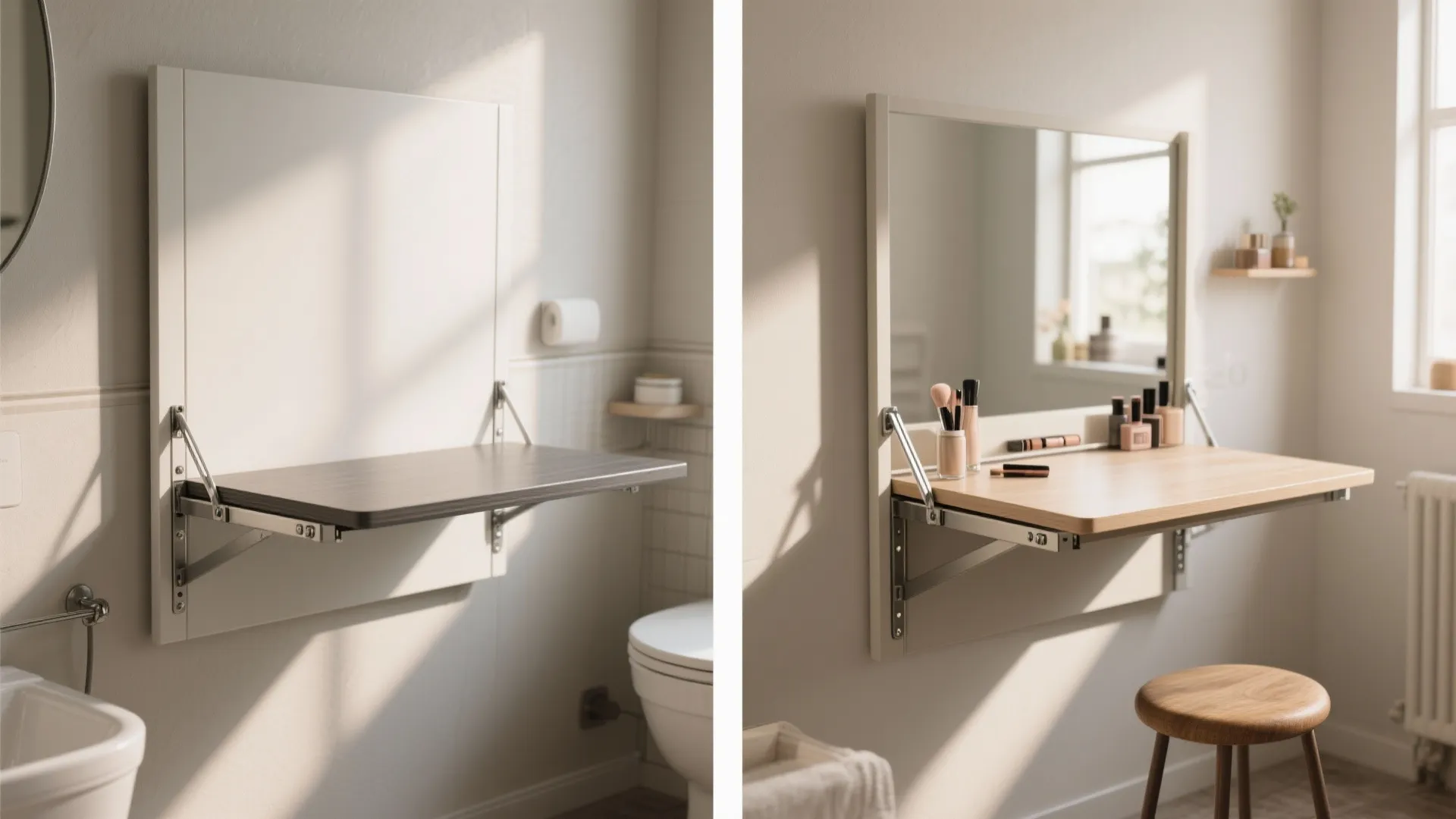 Before-and-after view of a fold-down wall table in a small bathroom folded flat and opened for makeup use with visible hinge details.
