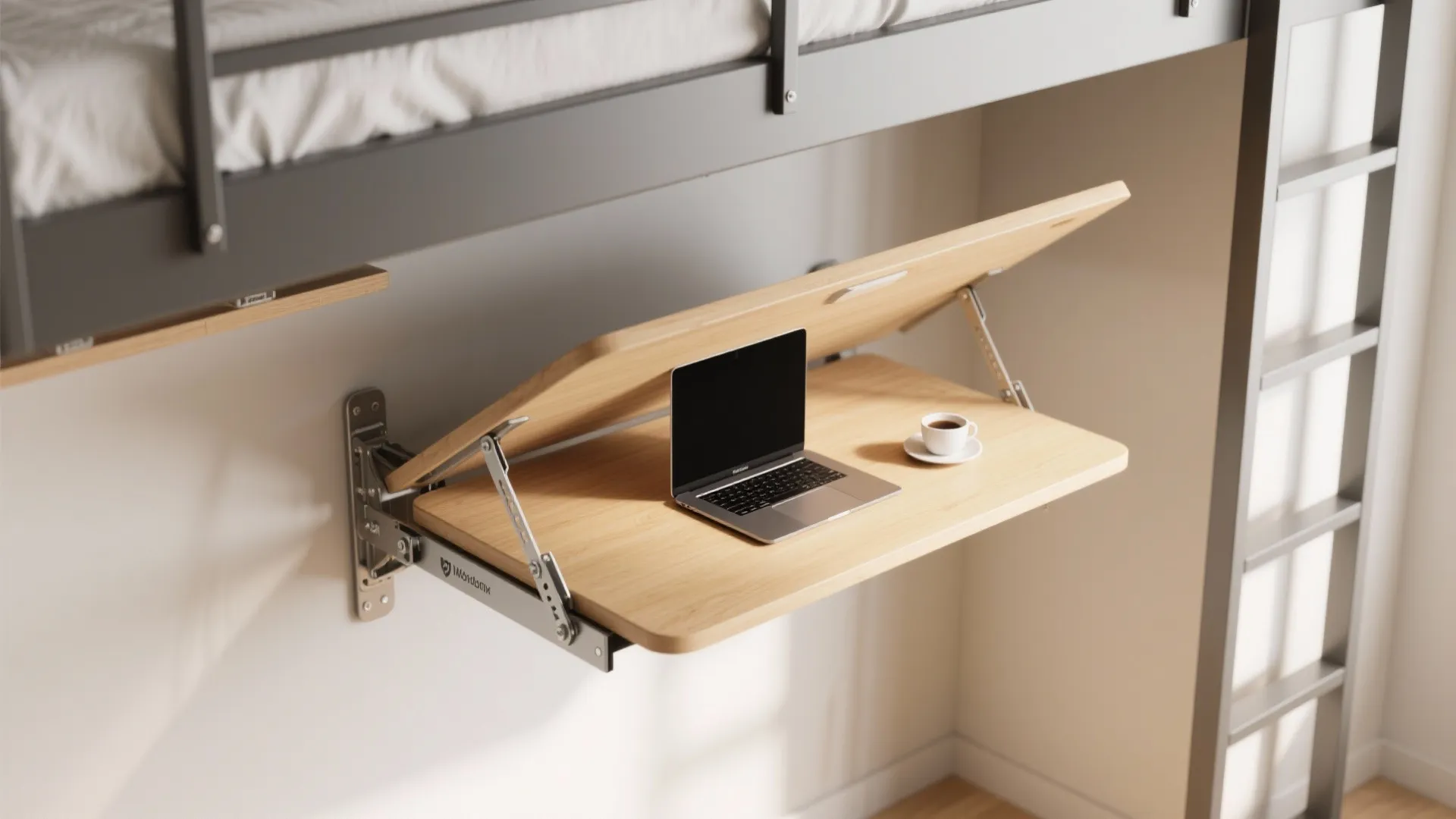 Space saving wooden fold down desk with laptop and coffee cup mounted under loft bed