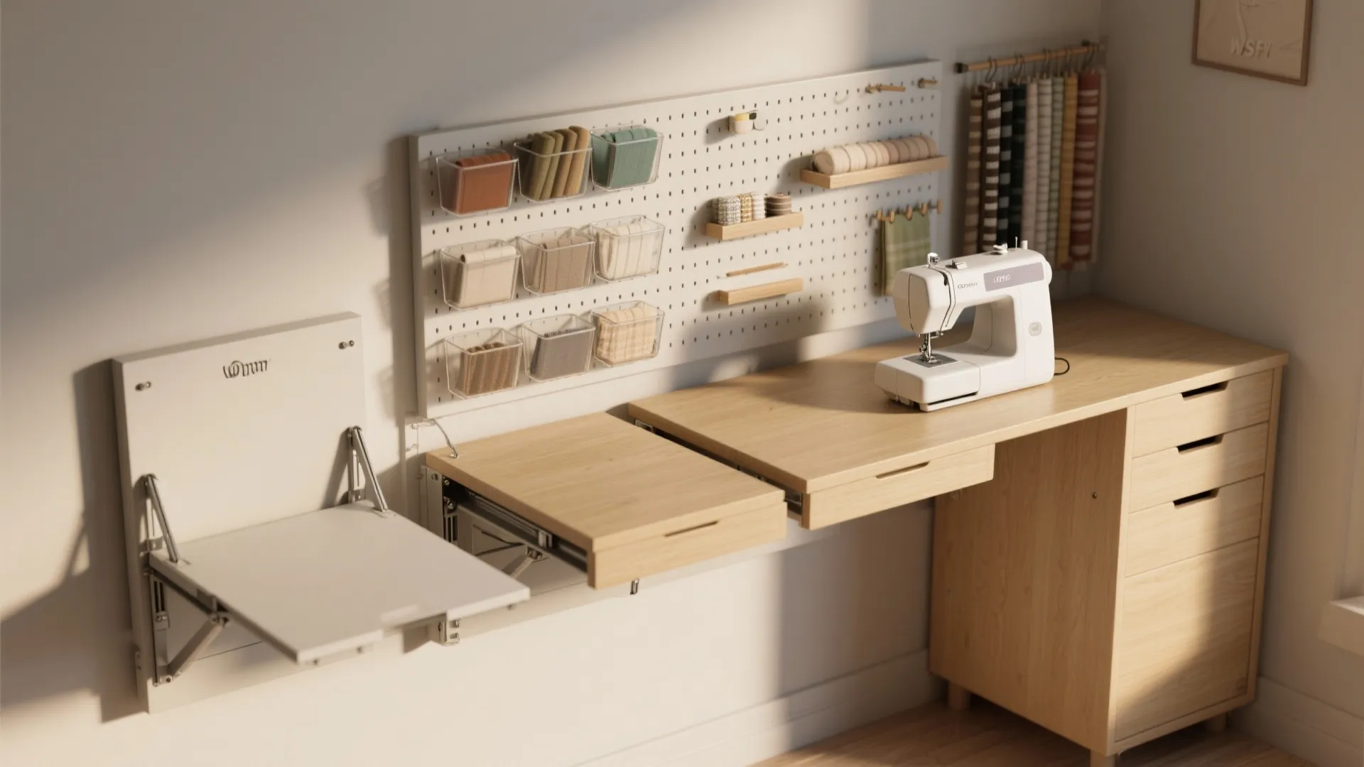 1. Fold-down wall table with modular storage