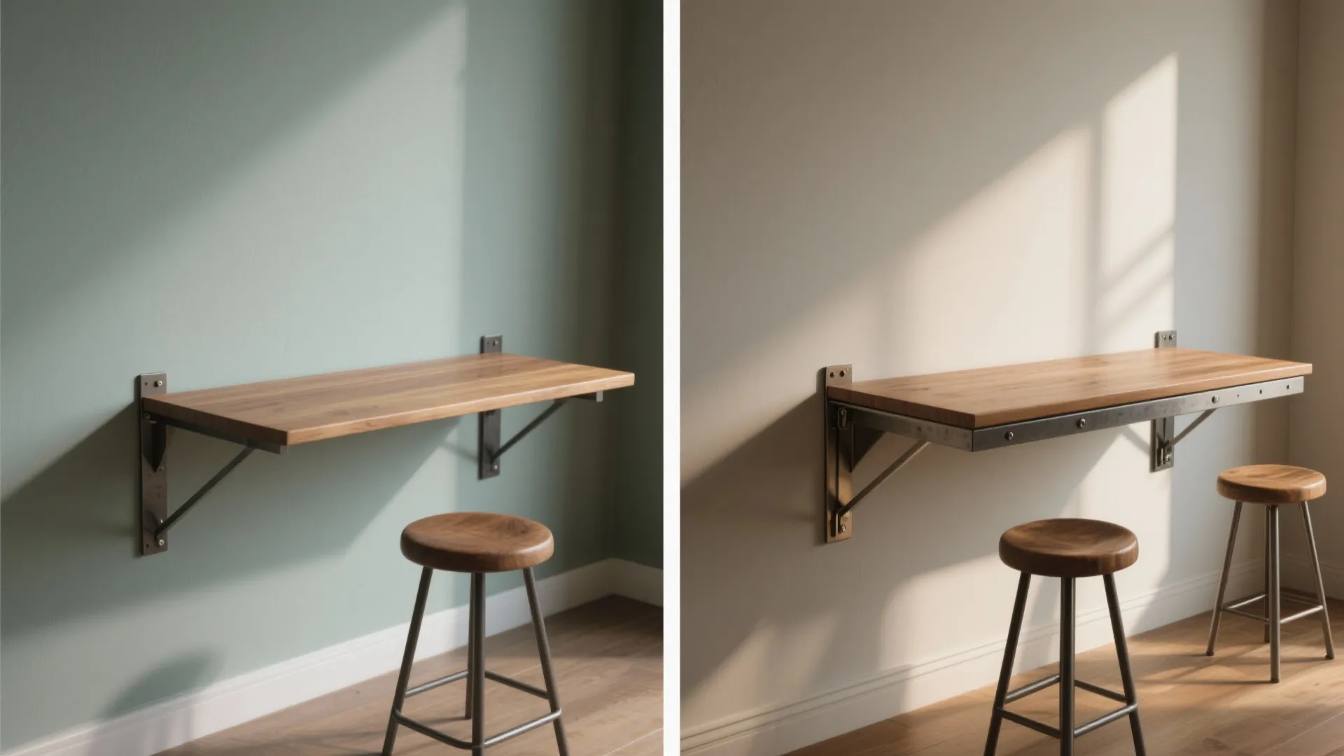 Before-and-after view of a fold-down wall-mounted table folded flat and then opened with stools in a tiny kitchen.