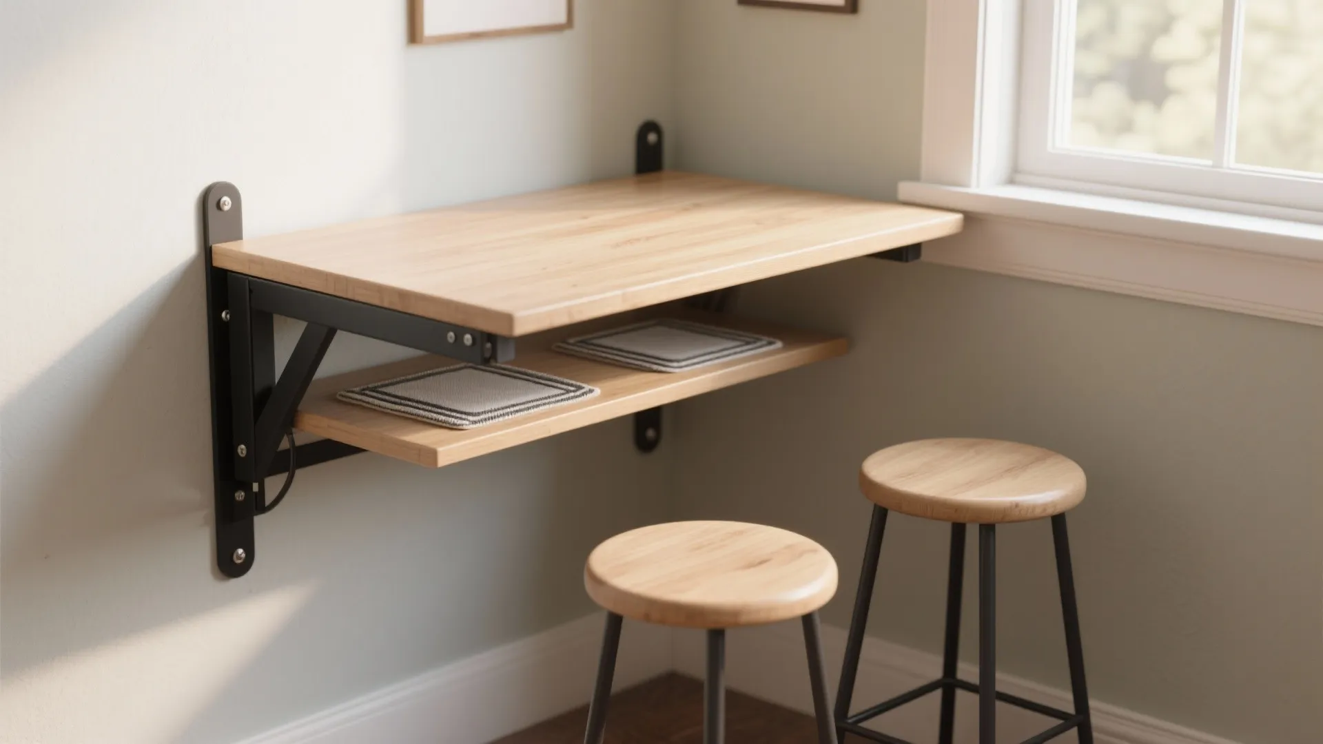 Wall mounted wooden fold down table with black metal brackets and two stools by window