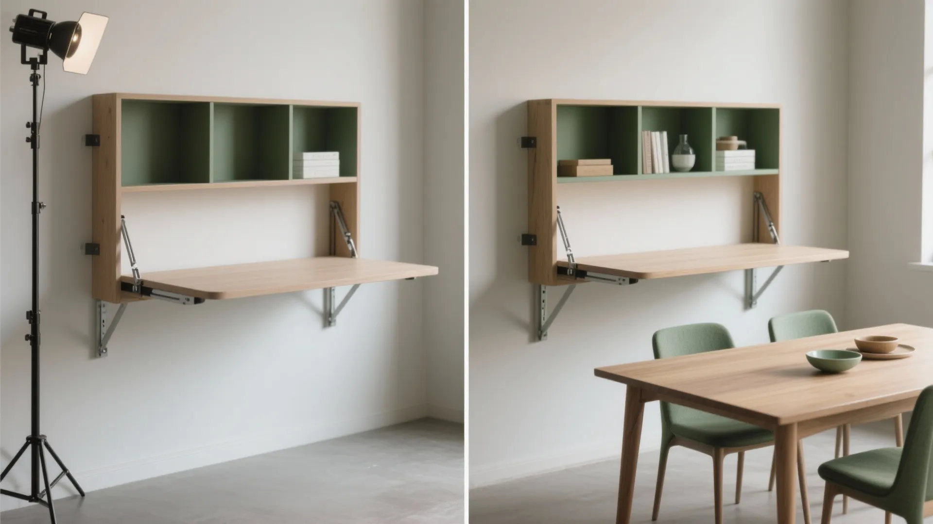 5. Wall-mounted fold-down table with hidden cubbies