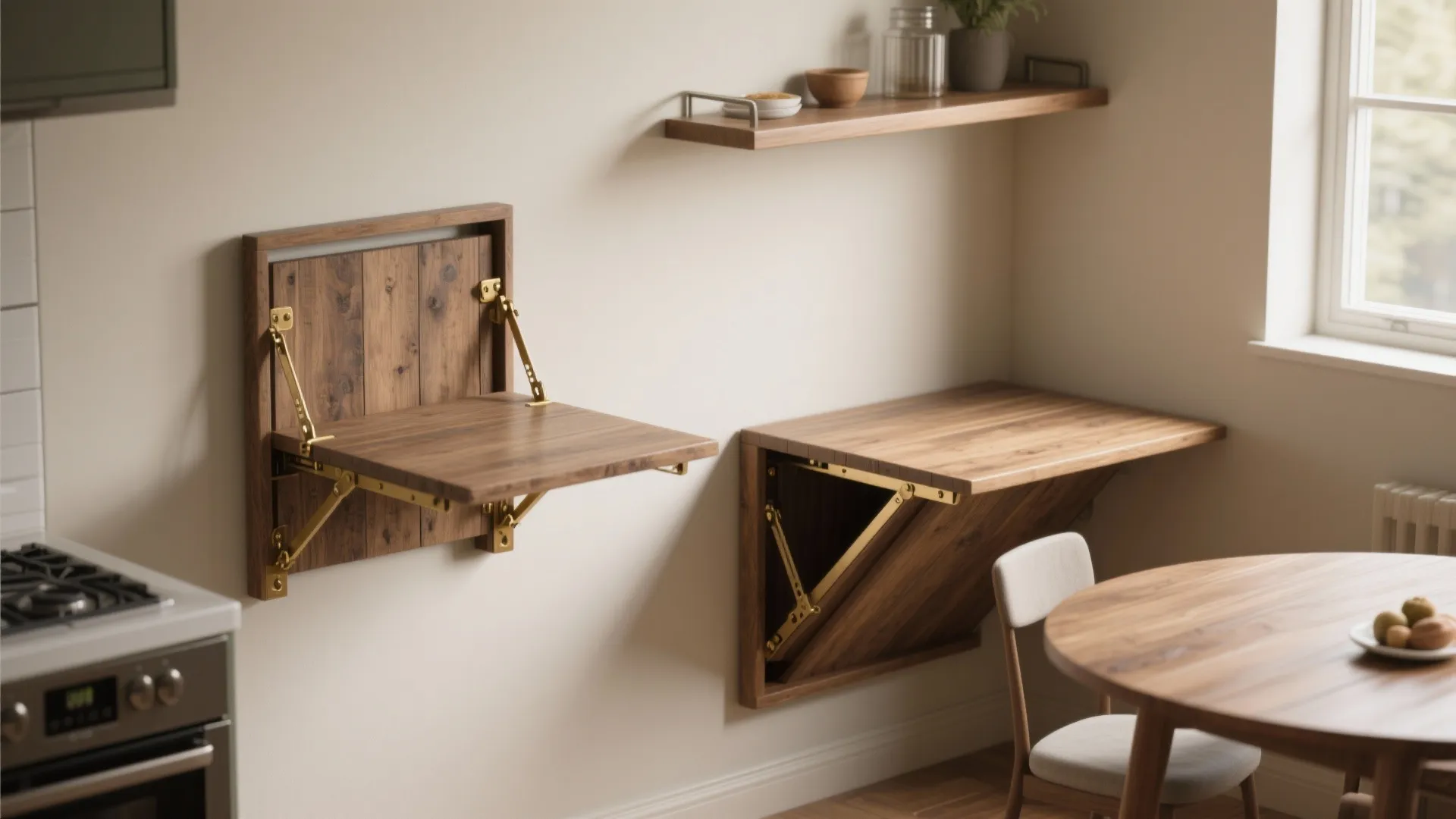 Wall mounted wooden fold down tables showing both open and closed positions in a kitchen area