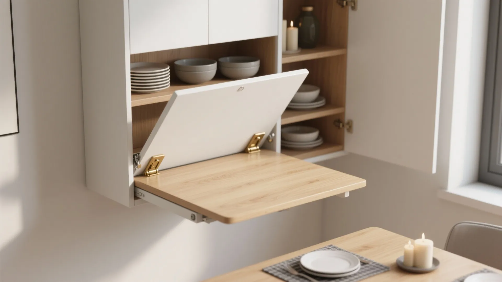 White wall cabinet with a fold down wooden table used for dining in a small kitchen