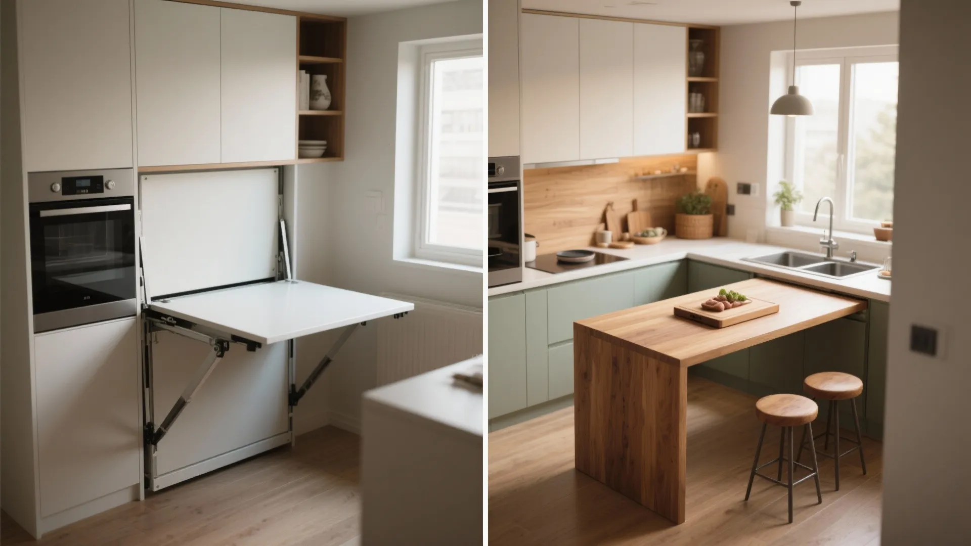 Modern kitchen with white cabinets featuring a wall mounted folding table and wooden bar stools