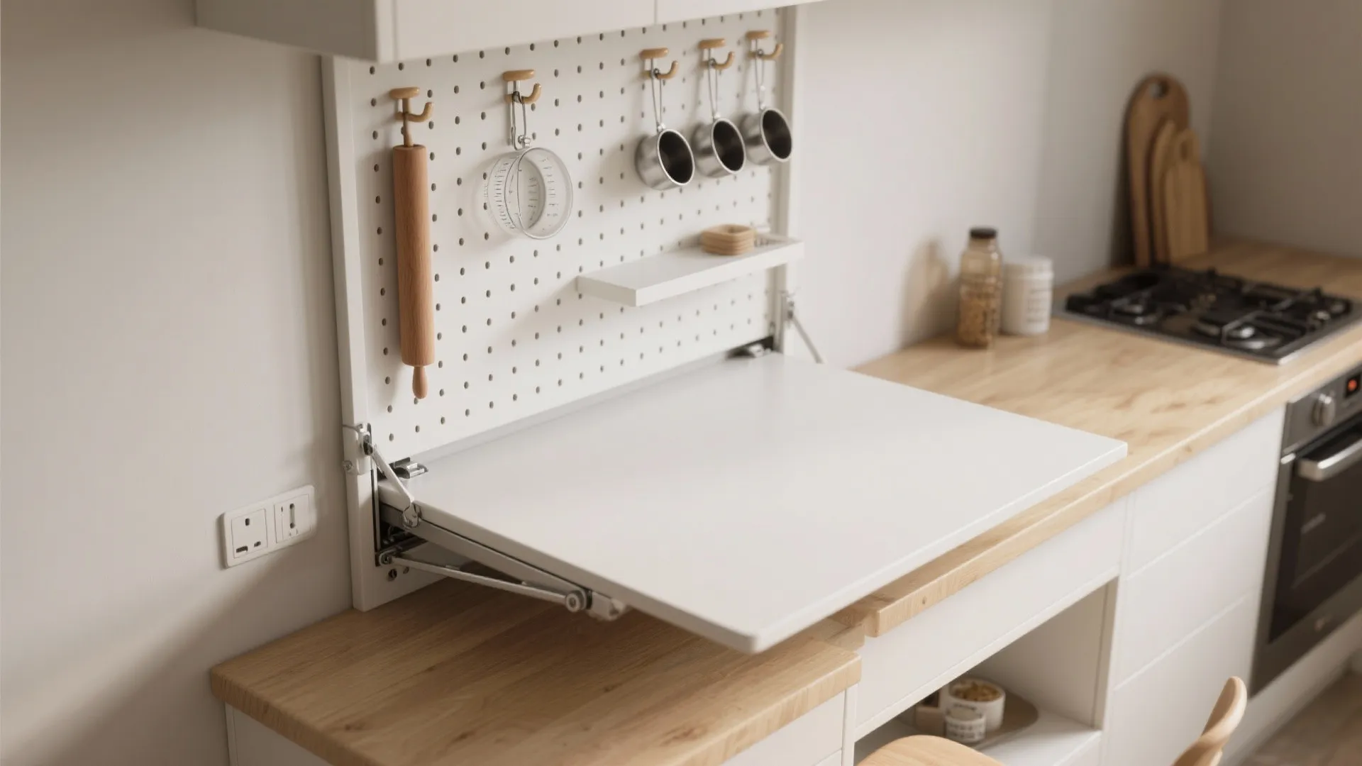 4. Wall-mounted fold-down table with vertical storage
