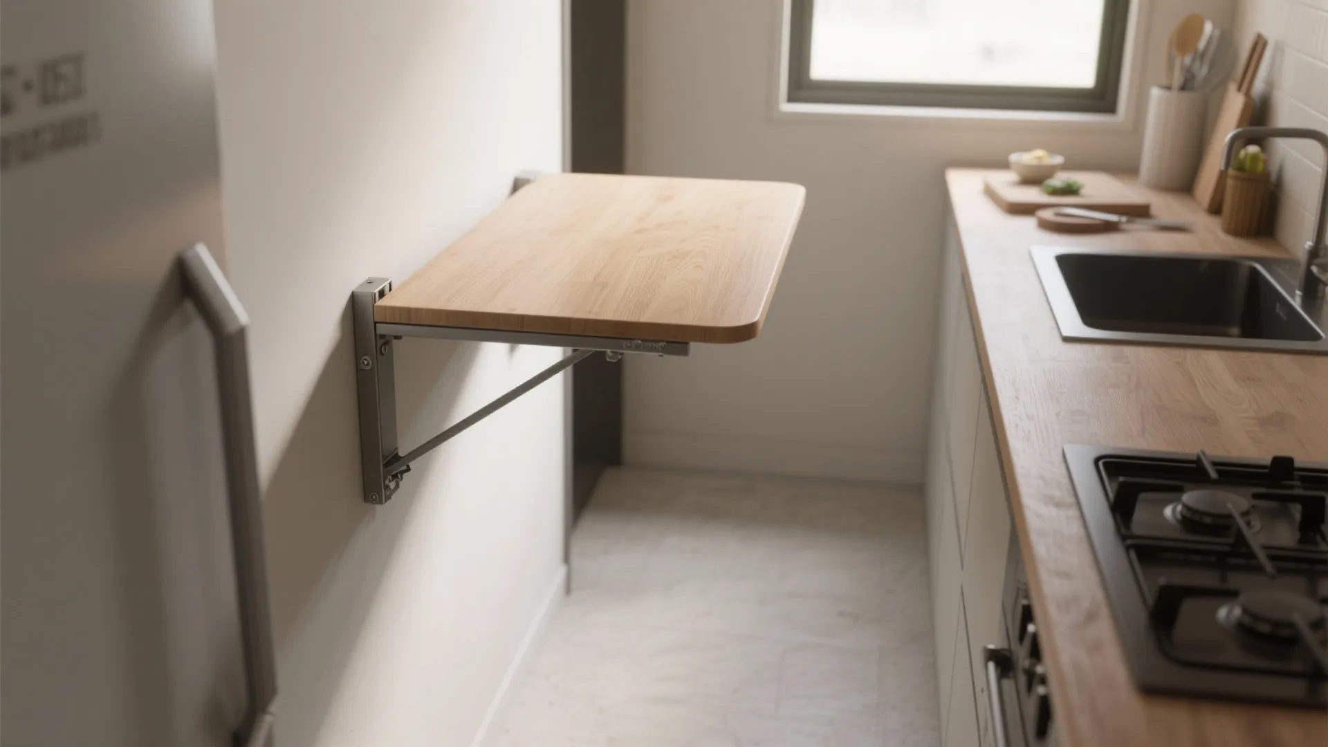 Fold-down wall table in a narrow kitchen, shown mounted with a slim metal bracket and hidden leg