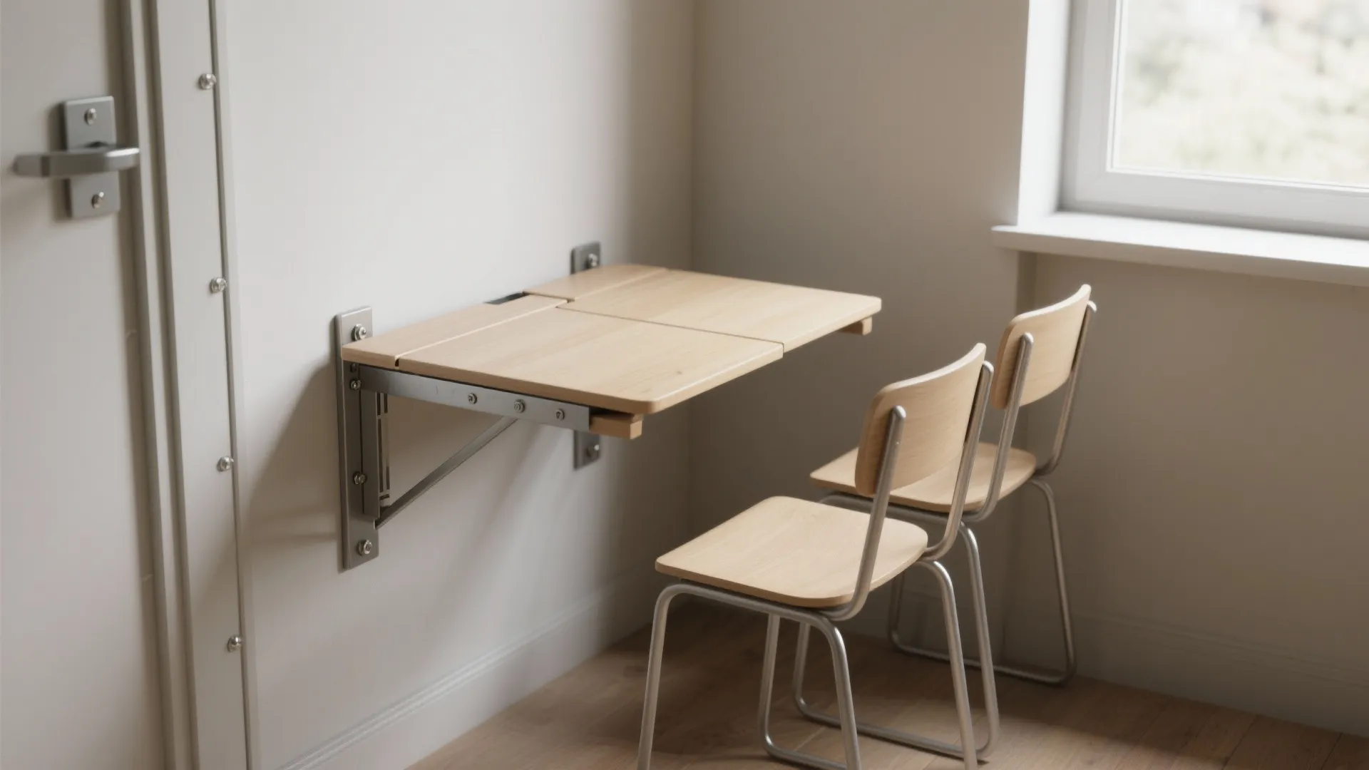 Wall mounted folding wooden table with two simple matching chairs in a small white room
