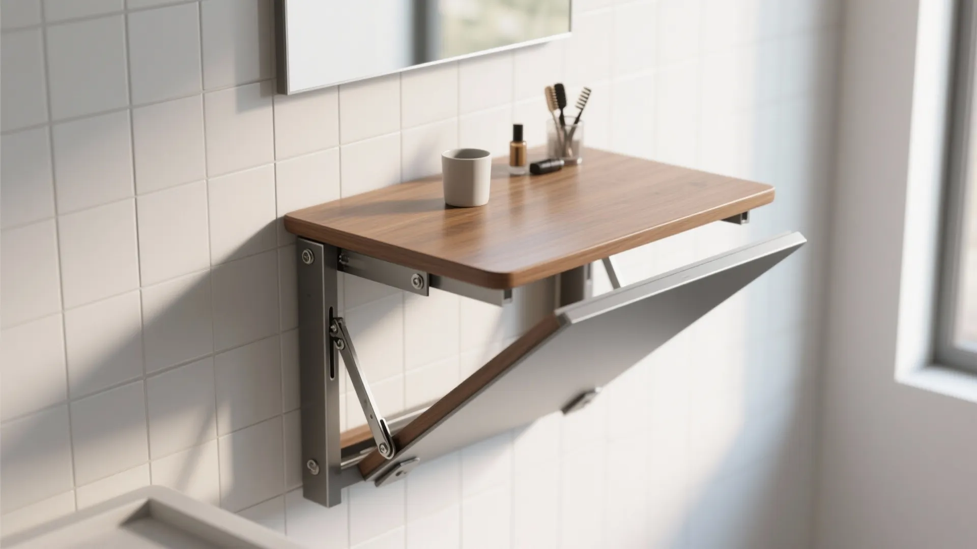 Top-down view of a hinged fold-down wall table in folded and open positions, showing sturdy hinges and clearance in a small bathroom.