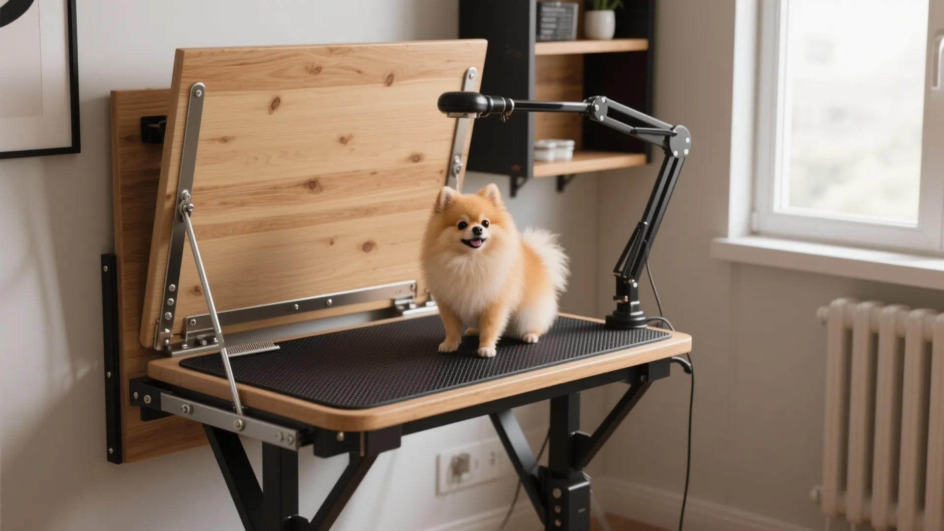 1. Fold-down wall grooming table