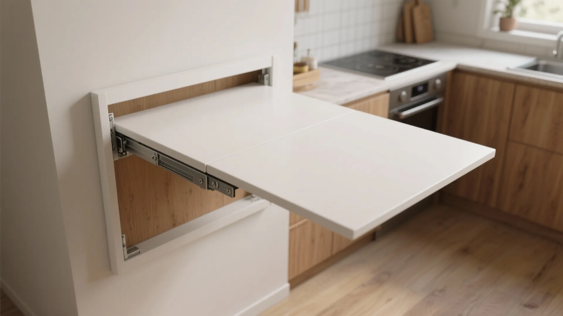 Space saving white fold down table attached to a wall in a modern wooden kitchen
