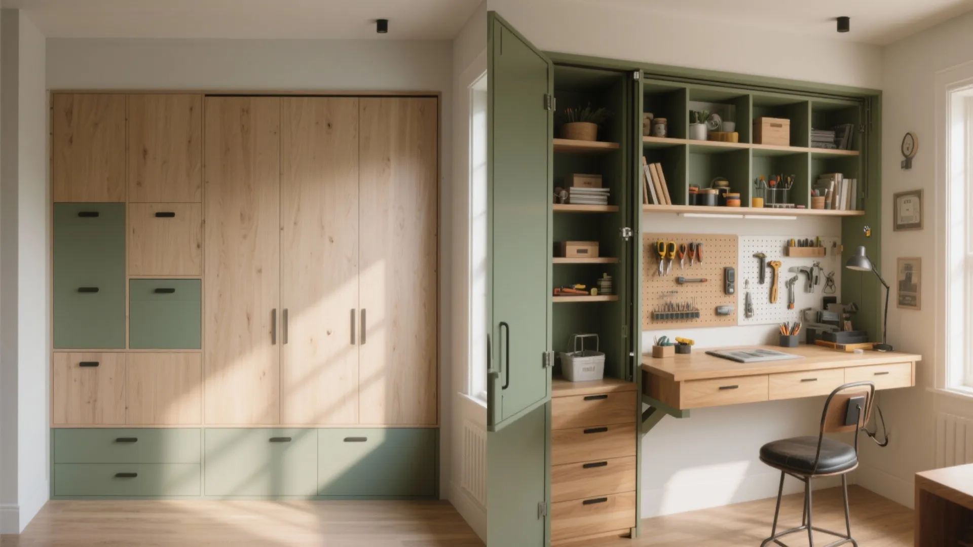 4. Fold-down work surface with built-in storage