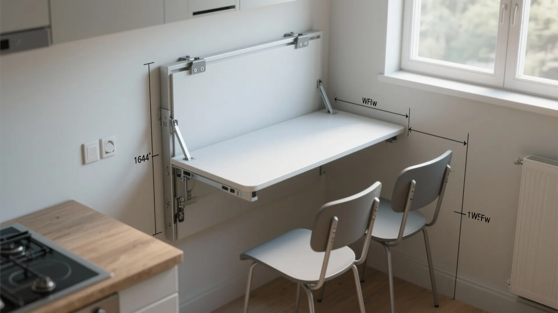 White wall mounted folding table in a kitchen with two grey chairs and dimension lines