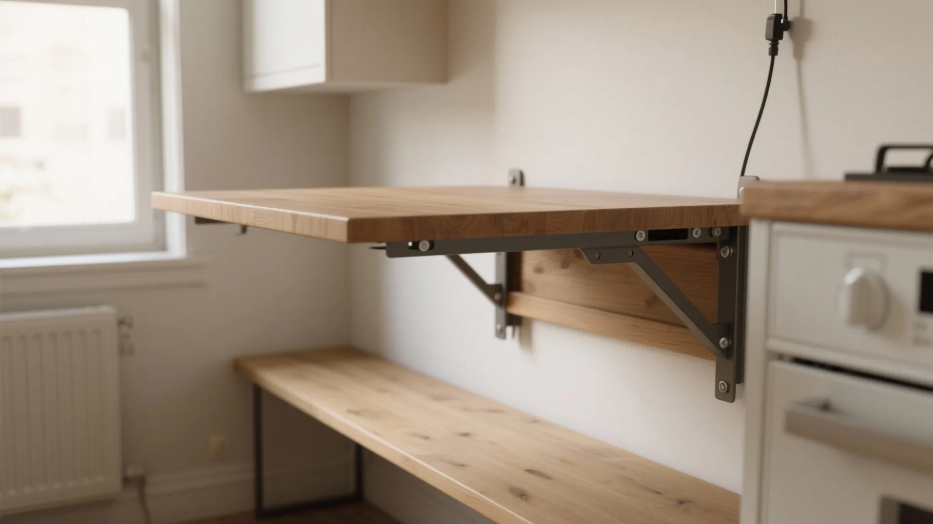 Wooden wall mounted folding table installed in a small kitchen near a white cabinet drawer