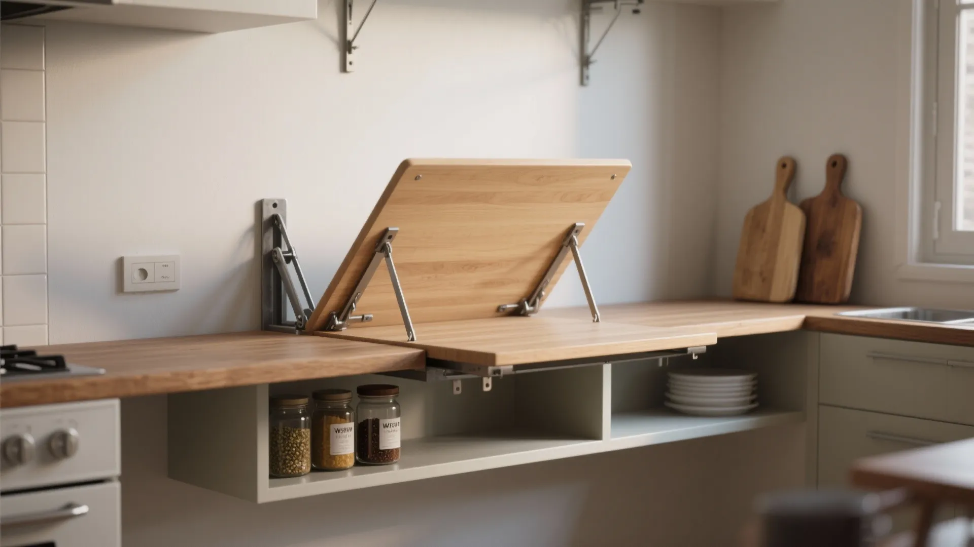 1. Fold-down wall-mounted table with under-shelf storage