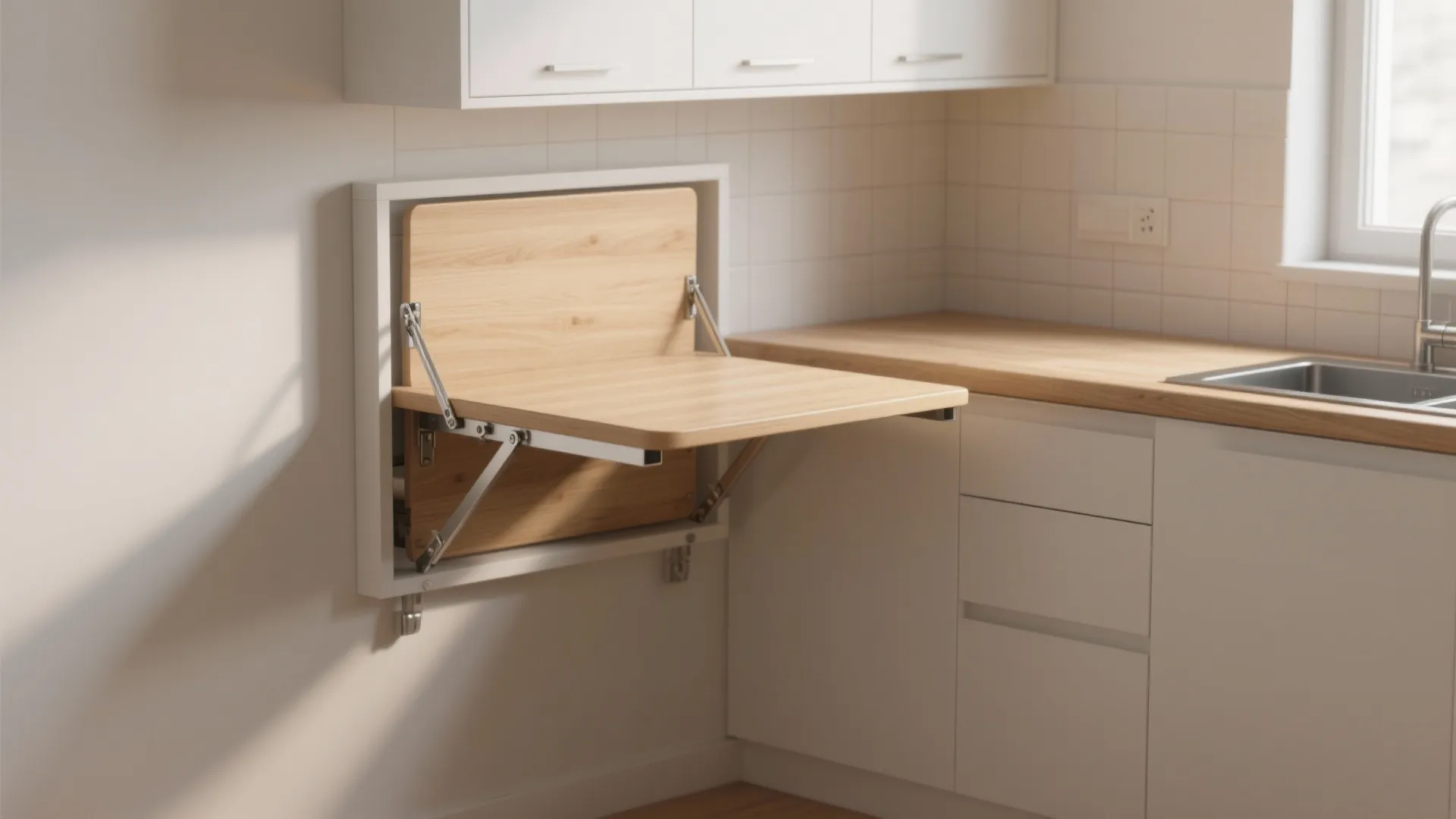 Wall mounted wooden folding table opened in a white kitchen next to white storage cabinets