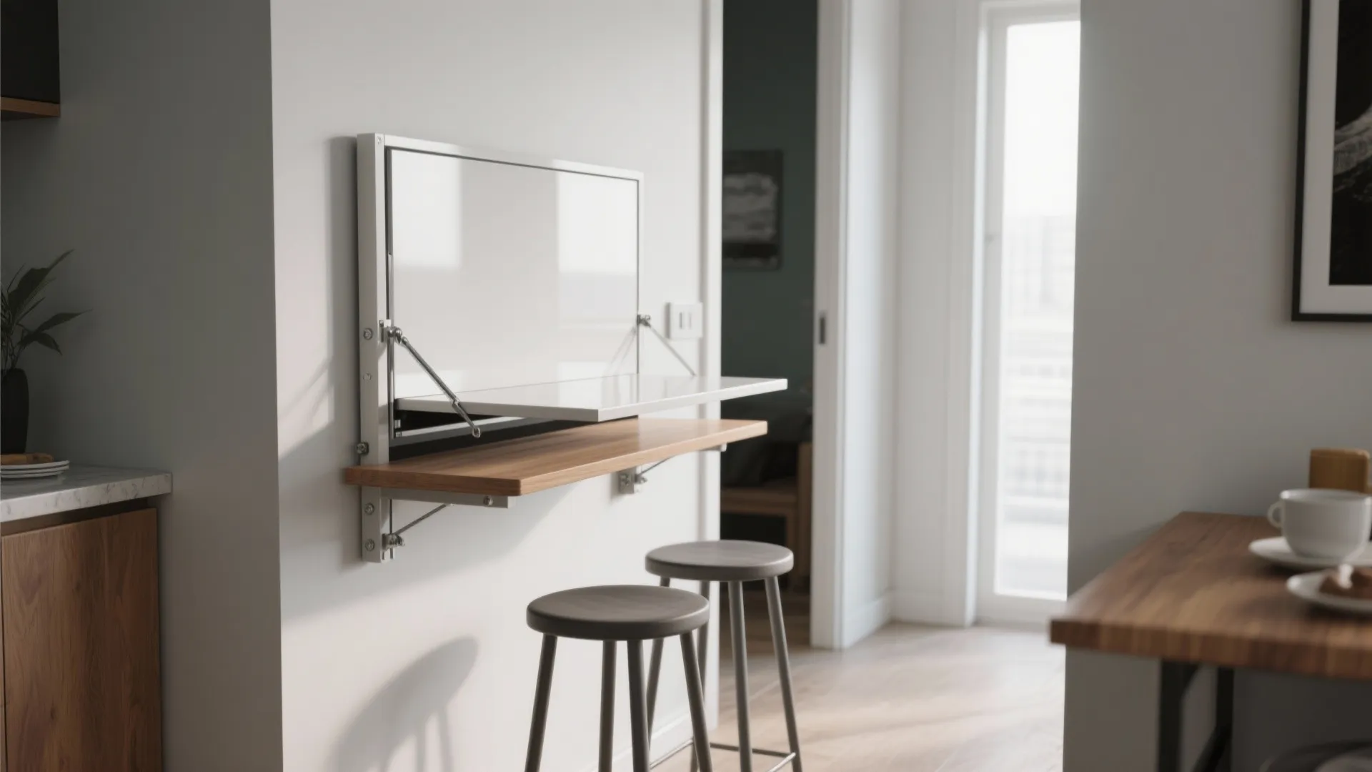 Wall mounted folding table with a wooden shelf and two grey stools in a room