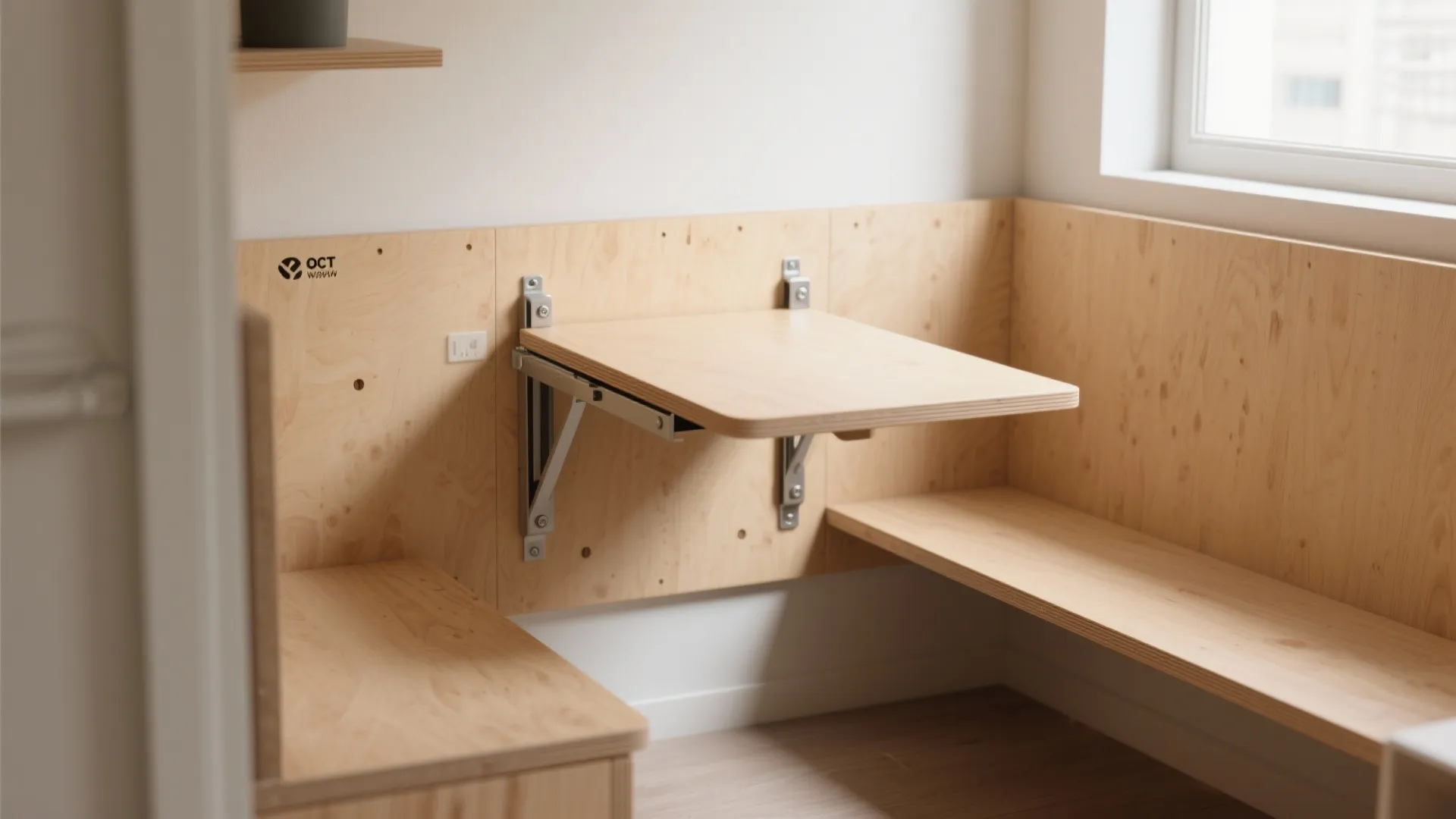 Space saving fold down wooden table mounted on a wall panel with integrated seating area benches